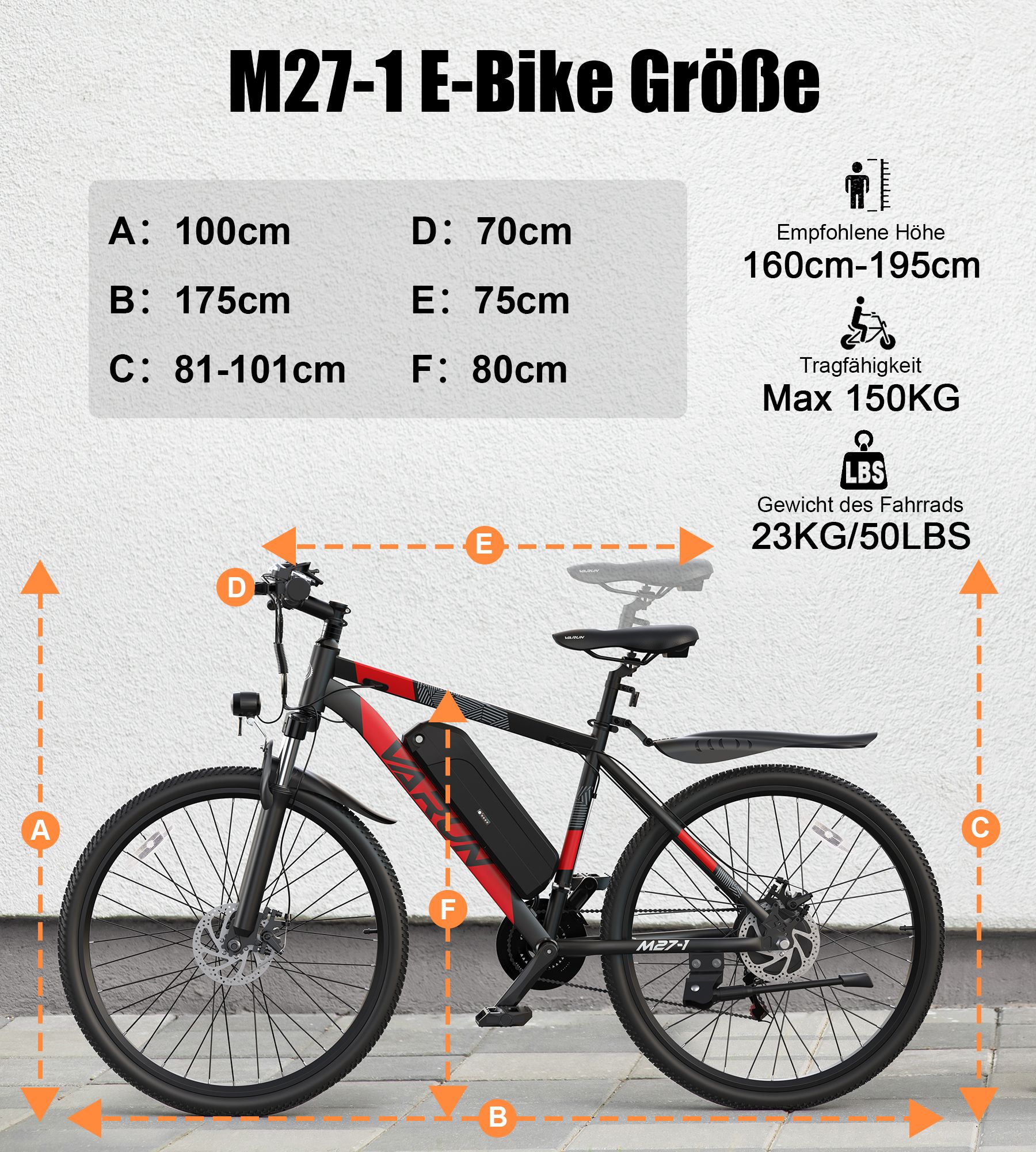 Dimensioni e-bike: A: 100cm, B: 175cm, C: 81-101cm, D: 70cm, E: 75cm, F: 80cm. Max. 150KG, 23KG/50LBS.