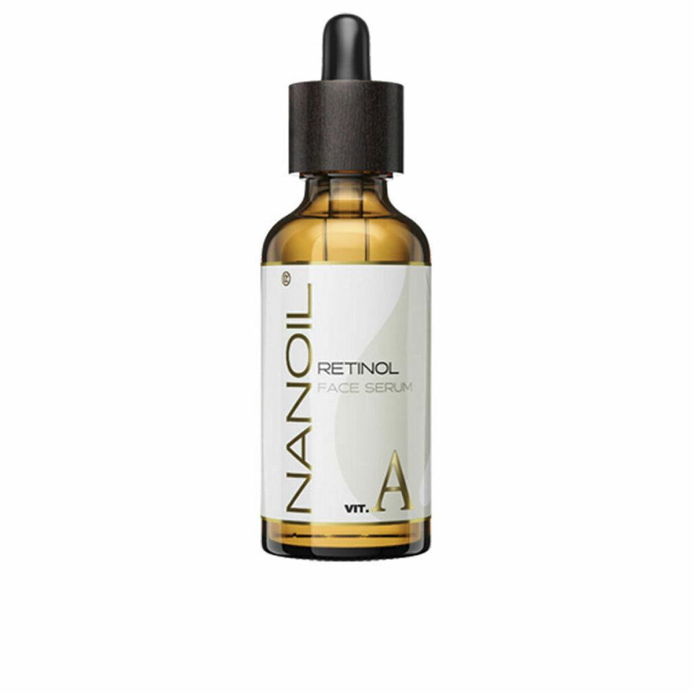 Flacone di vetro marrone con pipetta nera. Scritta: Nanoil, Retinol Face Serum, Vit. A.