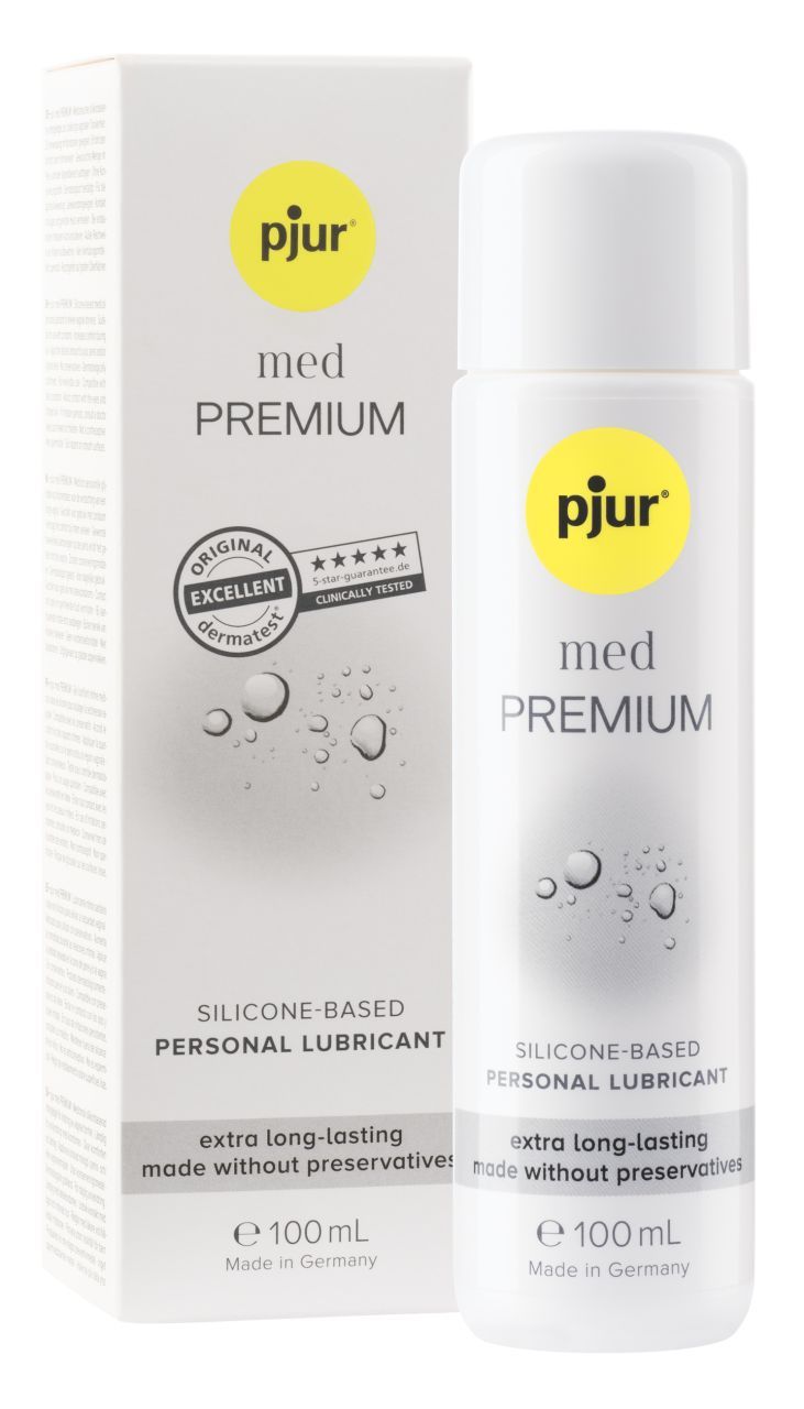 Confezione e flacone di pjur® MED PREMIUM Glide Lubrificante, 100ml, a base di silicone.