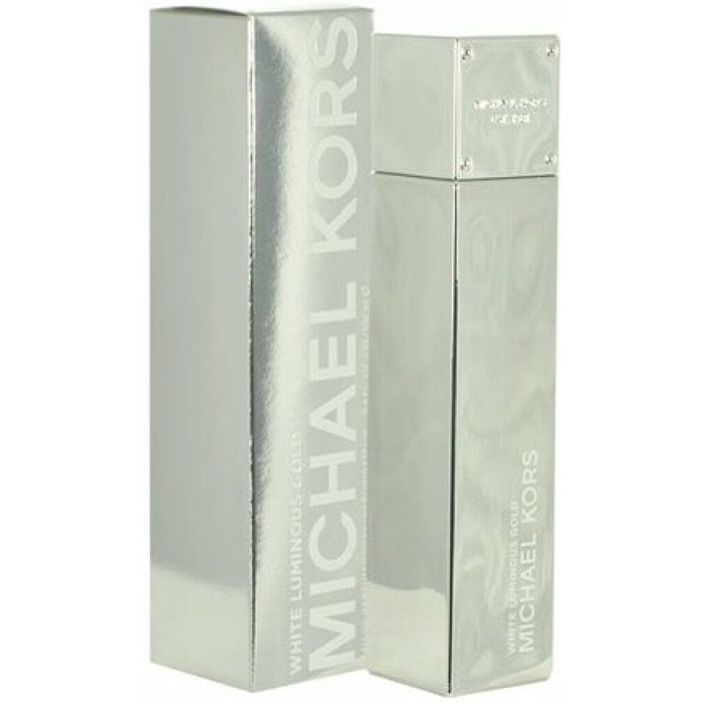 Flacone e confezione argentati. Logo MICHAEL KORS e nome del prodotto. Tappo quadrato. Superficie lucida.