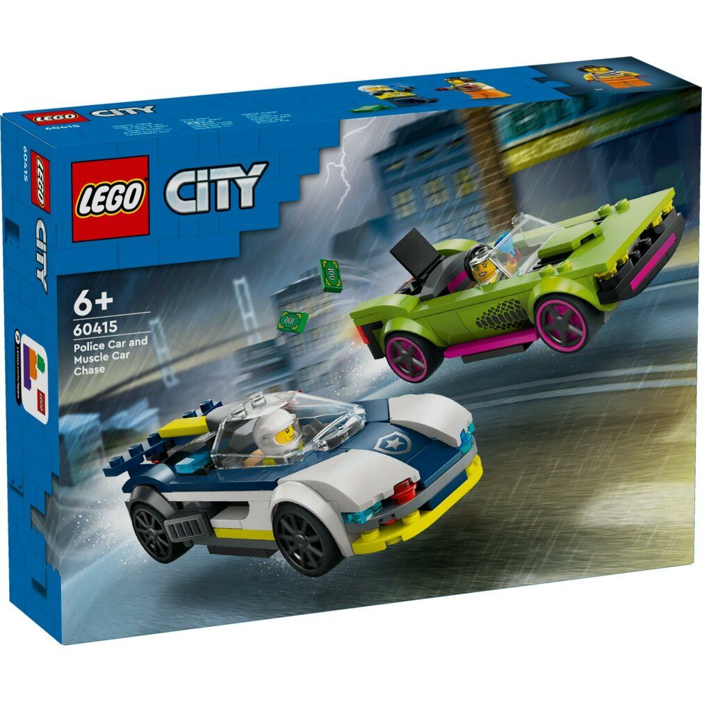 Set LEGO City con due macchinine giocattolo, una verde e un'auto della polizia blu, su una confezione con il logo LEGO City.