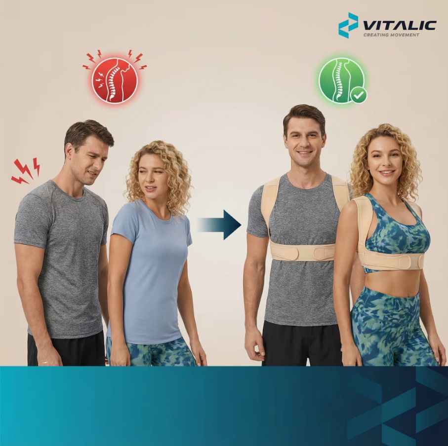 Confronto: postura scorretta a postura corretta. Correttore posturale. Beige. Logo VITALIC. Simboli.