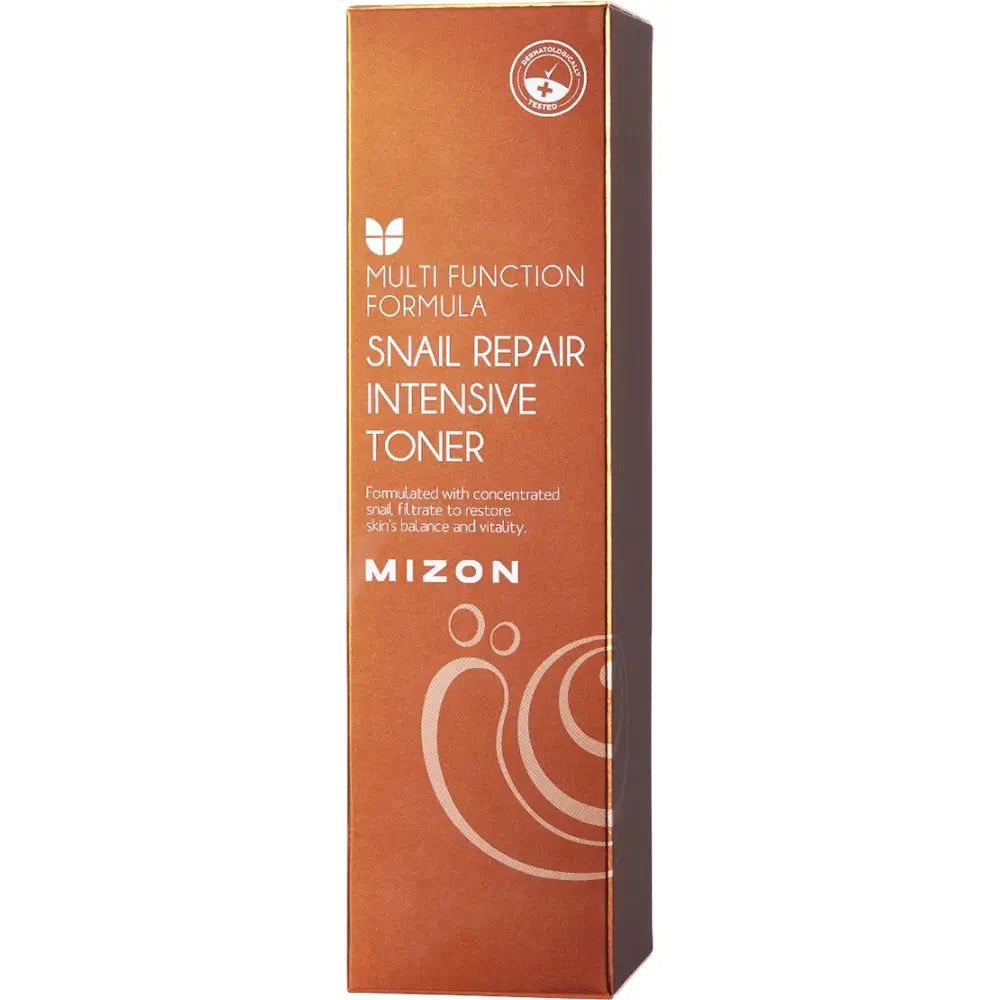 Confezione arancione con scritta: MIZON Snail Repair Intensive Toner. Con logo e testo.
