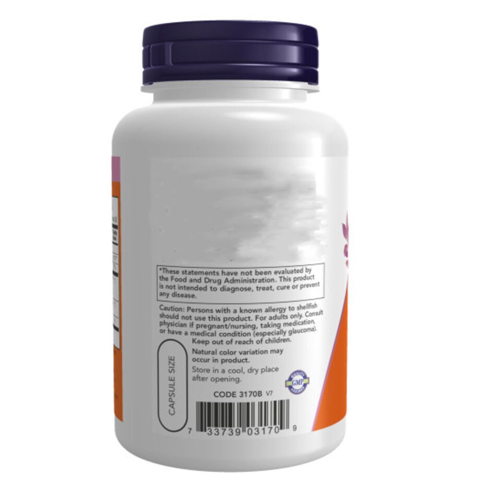 Lato del flacone di Glucosamina Condroitina con MSM Now Foods, con avvertenze e codice a barre.