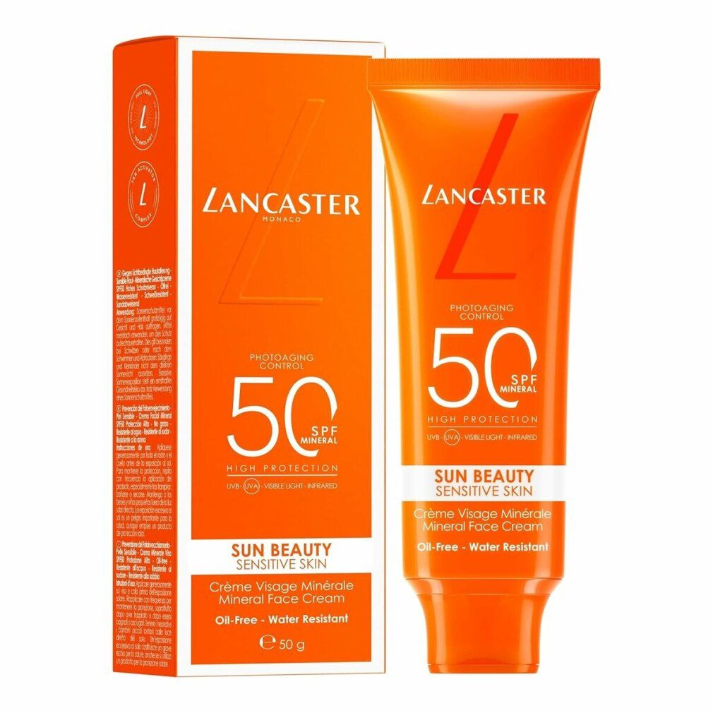 Confezione con tubo. Scatola arancione Lancaster, SPF 50, Sun Beauty per pelli sensibili. 50g.