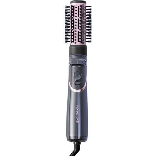 Styler per capelli con spazzola rotonda. Dispositivo grigio-rosa con pulsanti e cavo. Logo Remington.