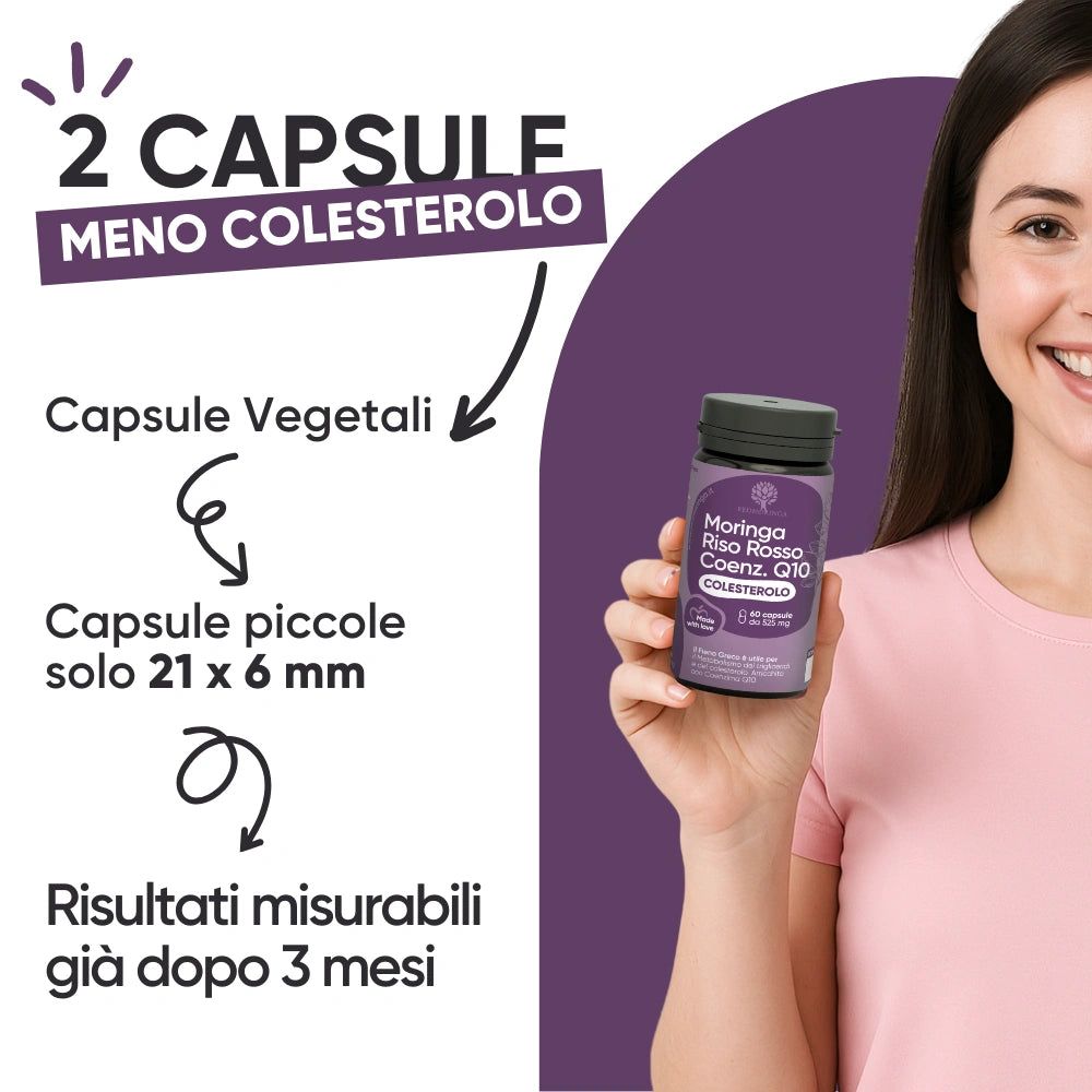 Donna tiene una bottiglia di capsule. Testo: 2 capsule meno colesterolo. Capsule vegetali, 21x6 mm.