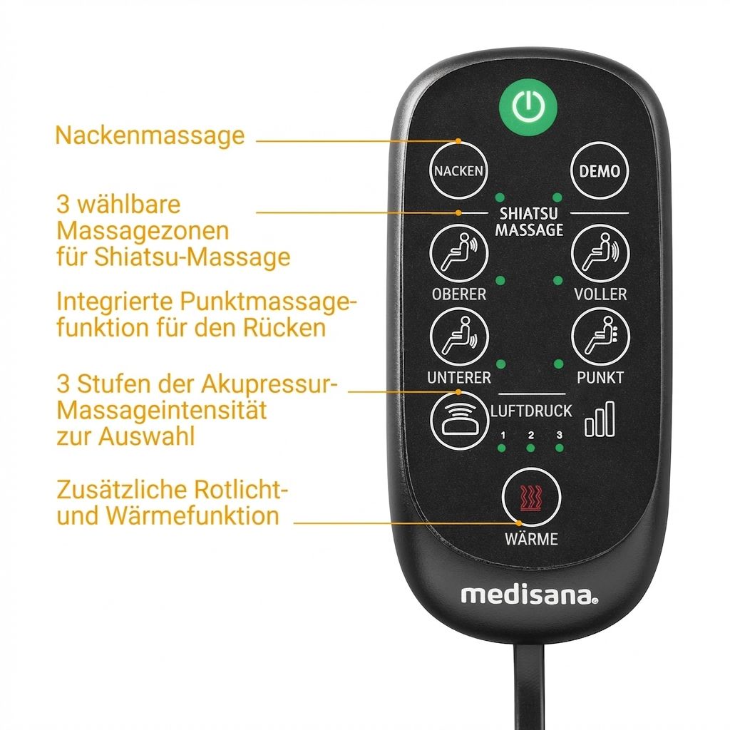 Telecomando per coprisedile massaggiante con pulsanti per massaggio collo, Shiatsu, puntuale e calore.