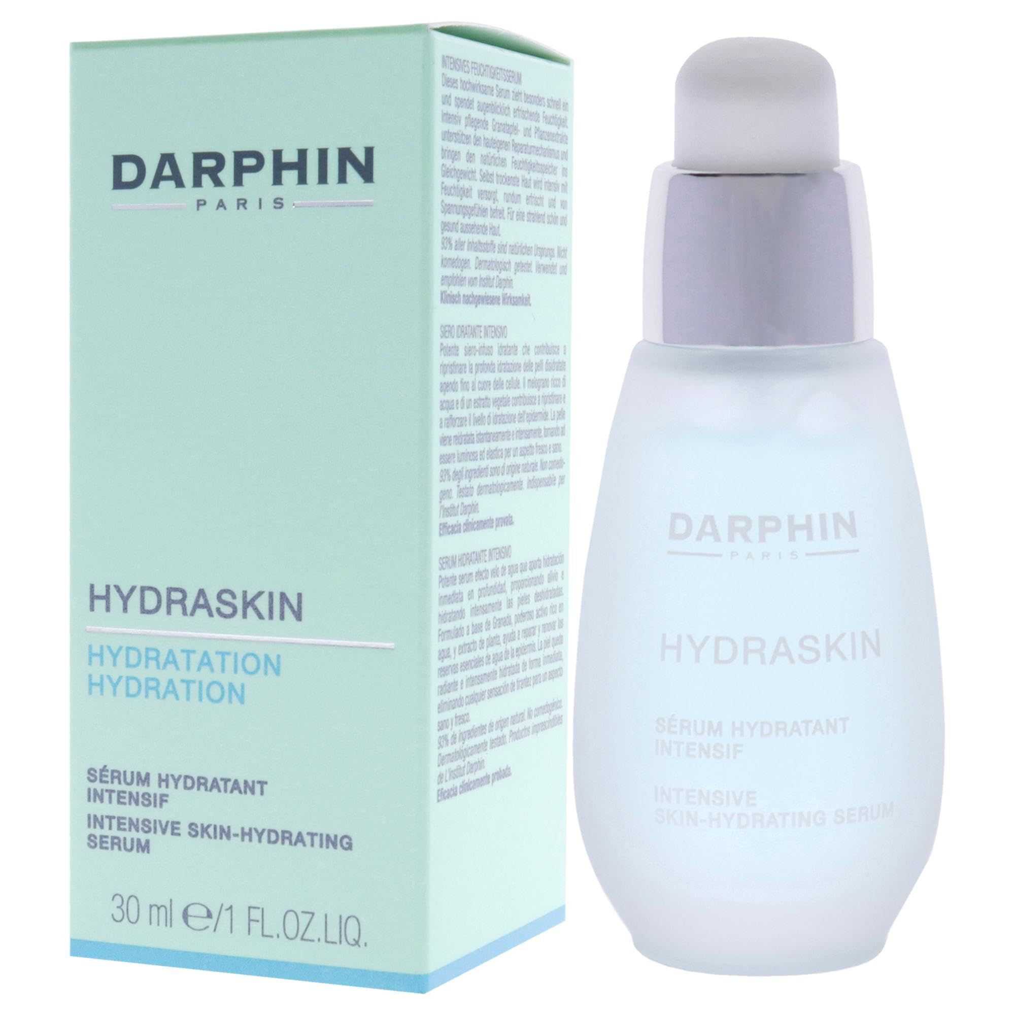 Siero DARPHIN HYDRASKIN e confezione. Scritta HYDRASKIN, Sérum Hydratant Intensif. 30 ml/1 FL.OZ.LIQ.