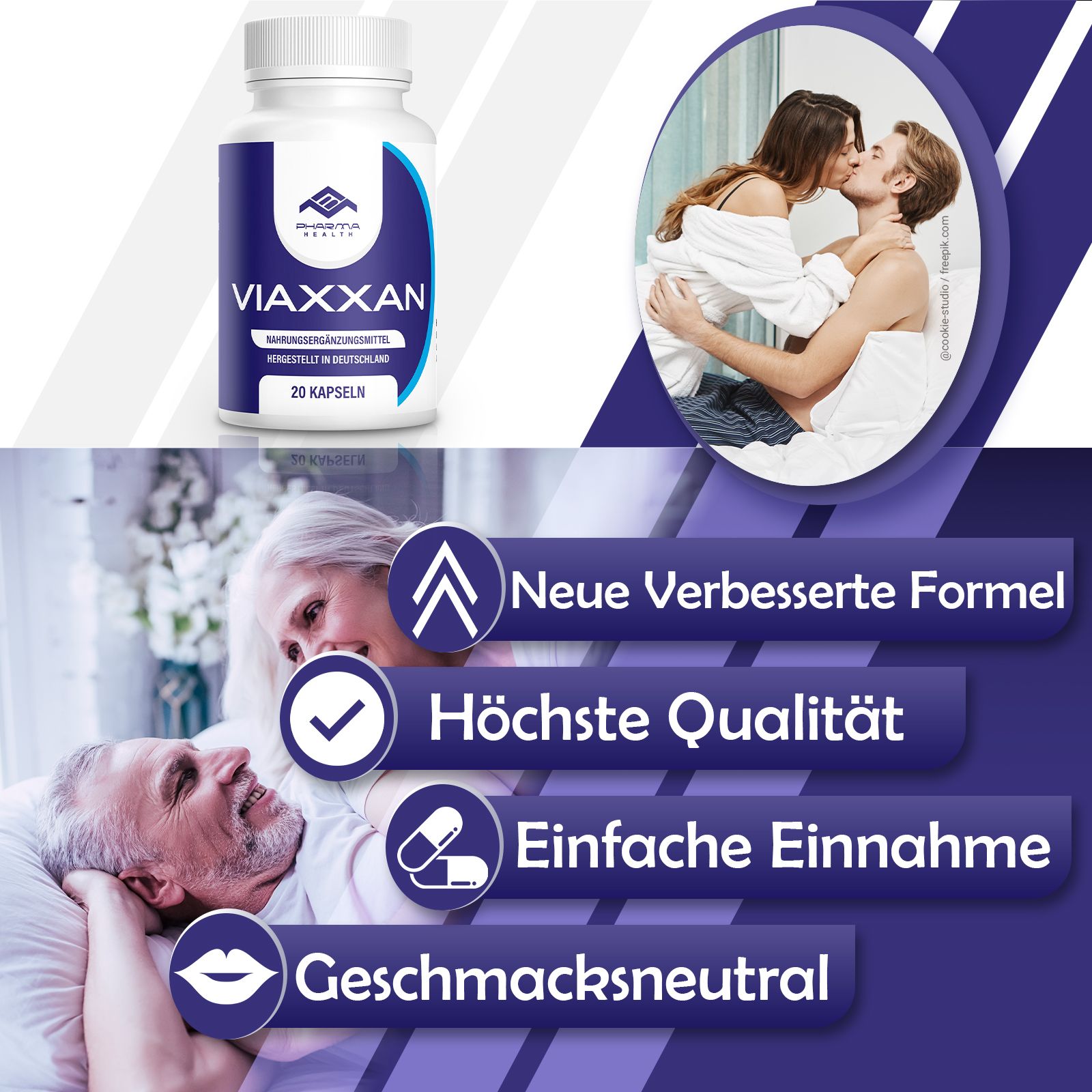 Flacone Viaxxan, Pharma Health, 20 capsule. Testo: Nuova formula migliorata, massima qualità, facile assunzione, insapore. Coppie.