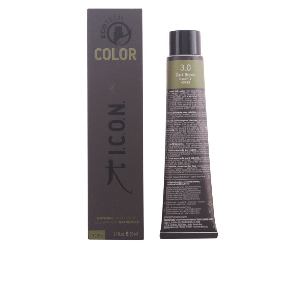 Tubo e confezione di tinta per capelli. Tubo con scritta 3.0 Marrone scuro. Confezione con logo e informazioni sul prodotto. I.C.O.N. COLOR.