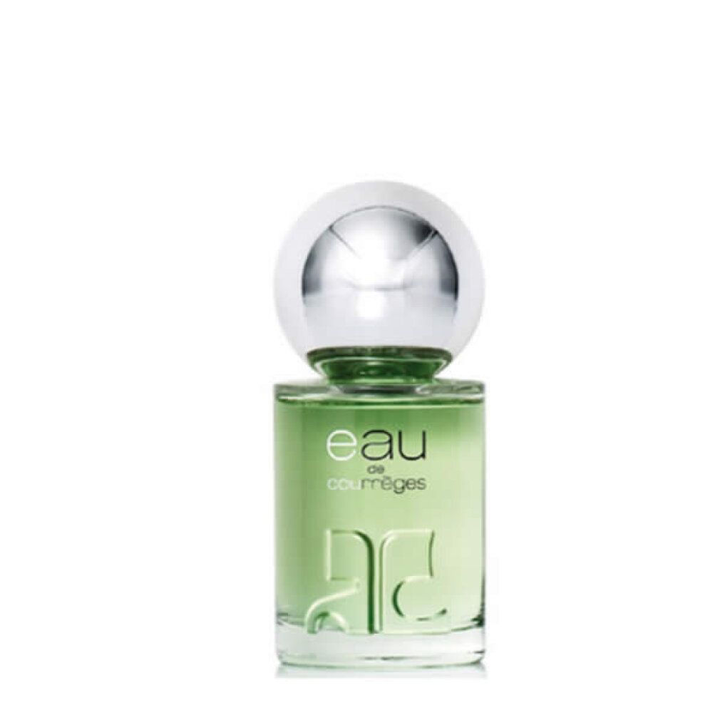 Flacone in vetro verde con tappo argentato. Scritta "eau courrèges".