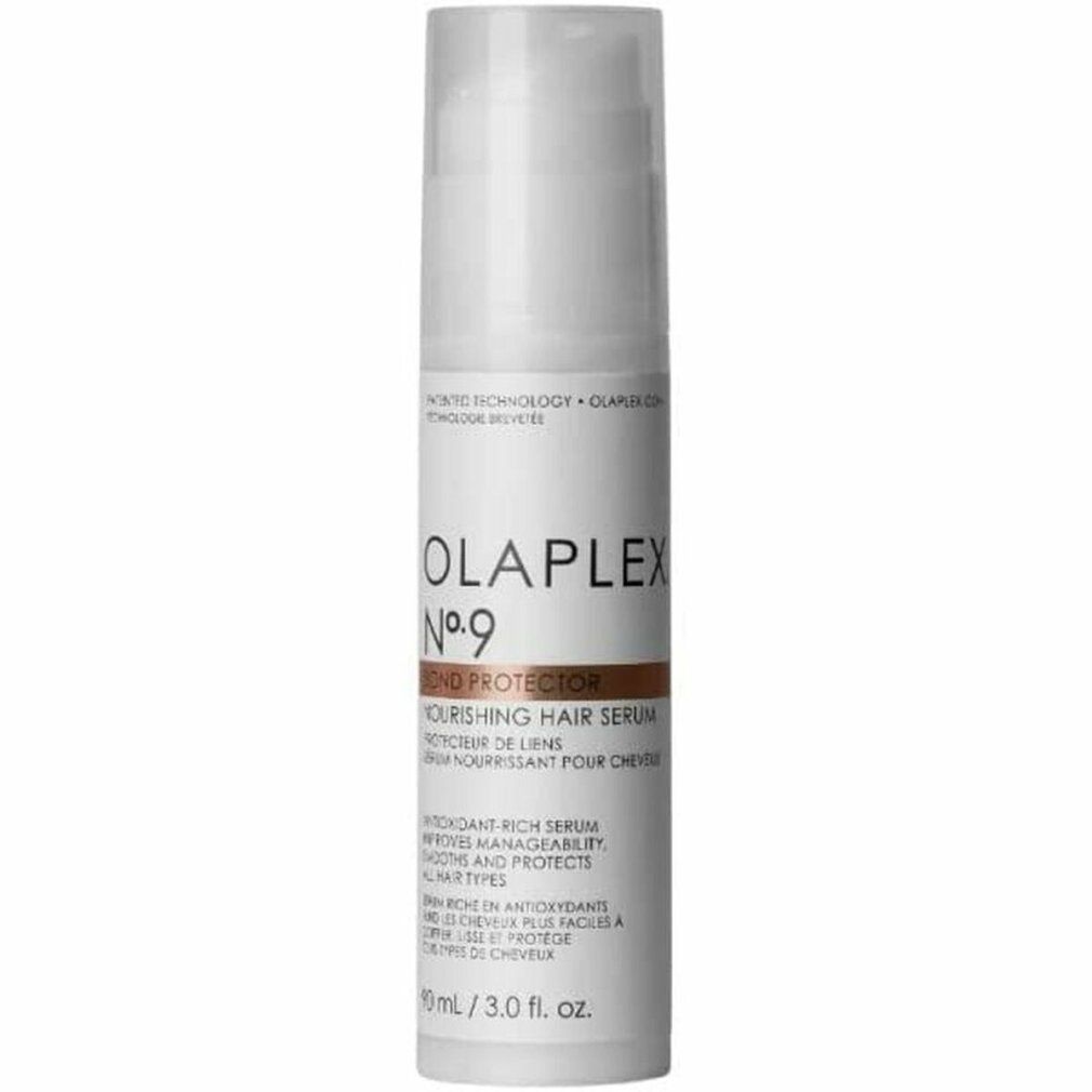 Flacone bianco Olaplex No.9 Bond Protector con pompa. Scritta: Nourishing Hair Serum. Striscia marrone con nome del prodotto.