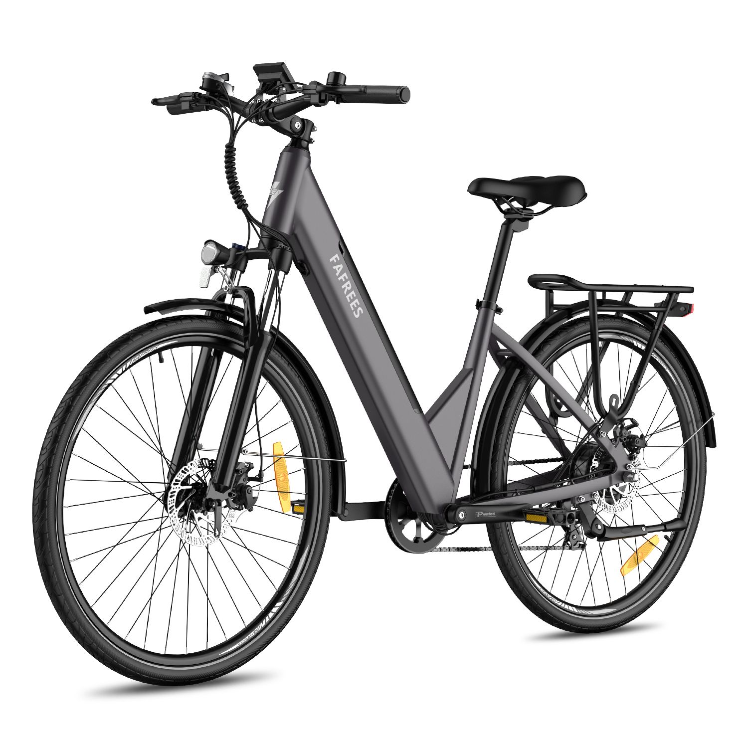 E-bike grigia FAFREES con portapacchi e parafanghi. Pneumatici neri con dettagli gialli.