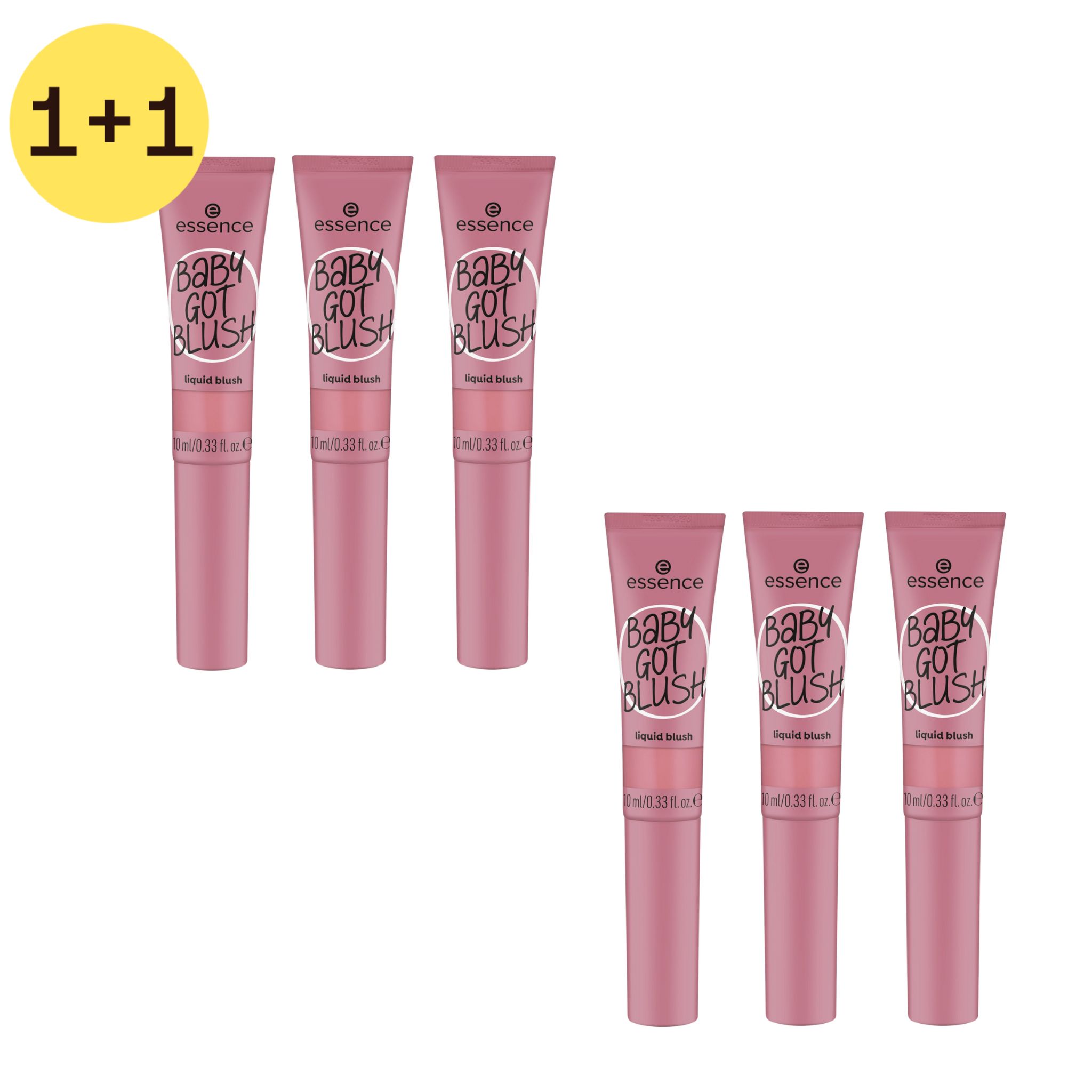 Sei tubi rosa con applicatore bianco. Scritta: Essence BABY GOT BLUSH liquid blush. Adesivo giallo: 1+1.