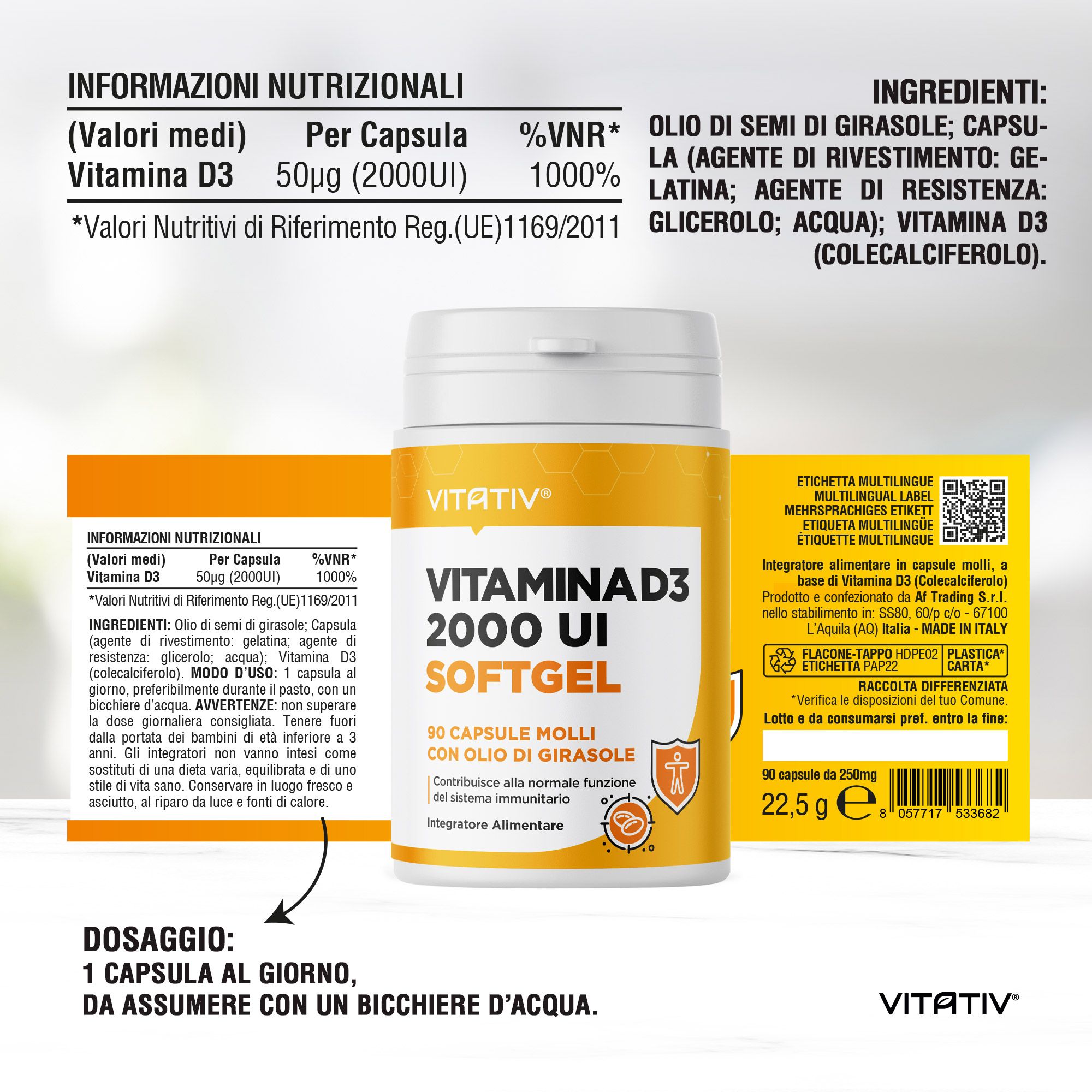 VITATIV® Vitamina D3 2000 UI Mini Softgel - Capsule Molli con Olio di Girasole