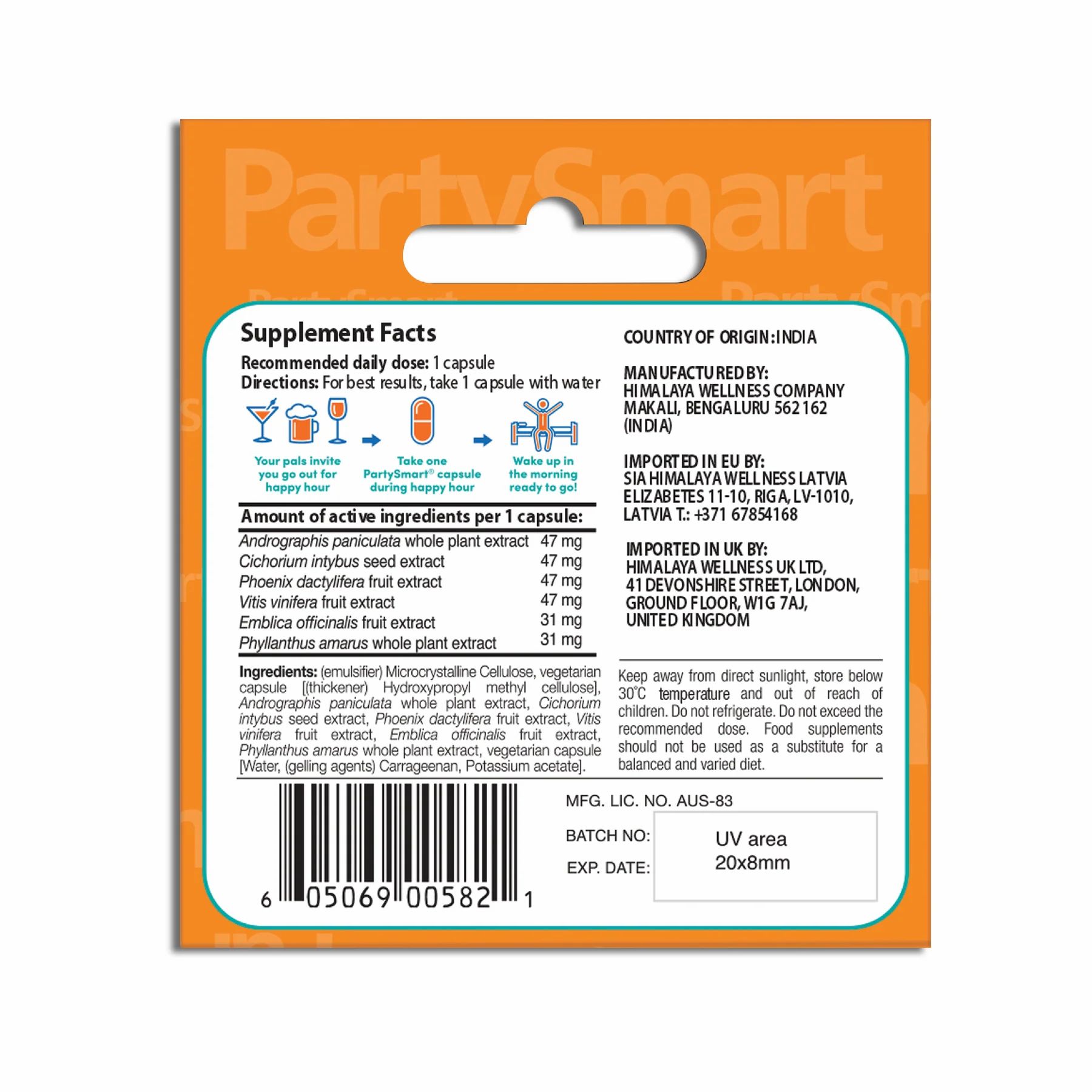 Confezione di Himalaya Partysmart. Contiene una capsula. Retro con ingredienti, informazioni produttore e importatore.