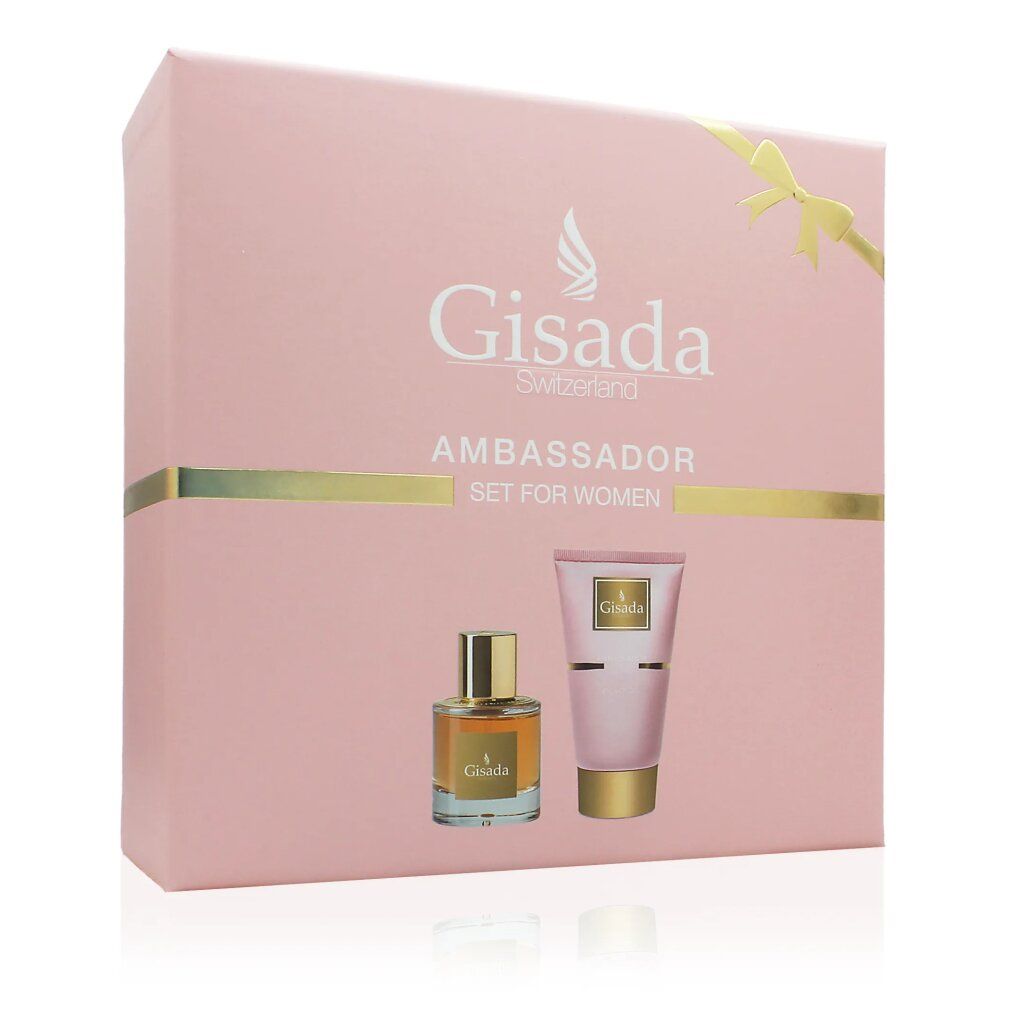Set regalo donna. Scatola rosa con flacone di profumo, gel doccia e fiocco dorato. Logo Gisada e scritta 'Ambassador'.
