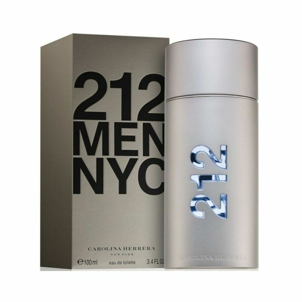 Flacone e scatola. Scritta "212 MEN NYC" e "Carolina Herrera".