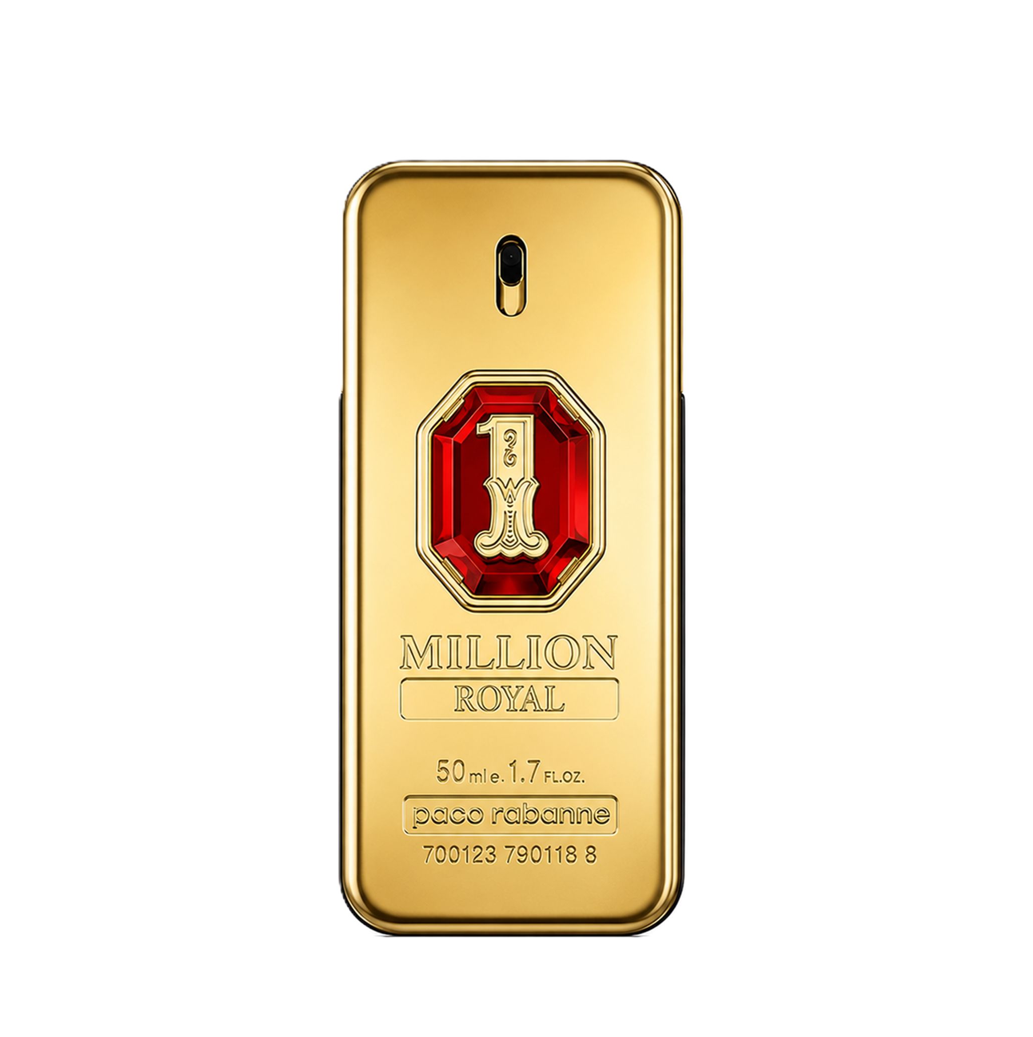 Flacone dorato con gioiello rosso e incisione "1 Million Royal". Paco Rabanne.
