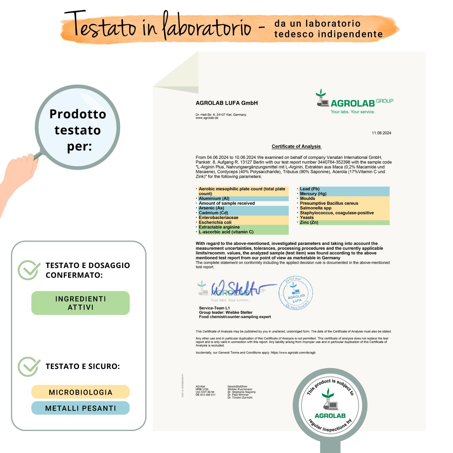 Rapporto di laboratorio di AGROLAB per VEGAVERO L-Arginina Plus. Conferma ingredienti e sicurezza.