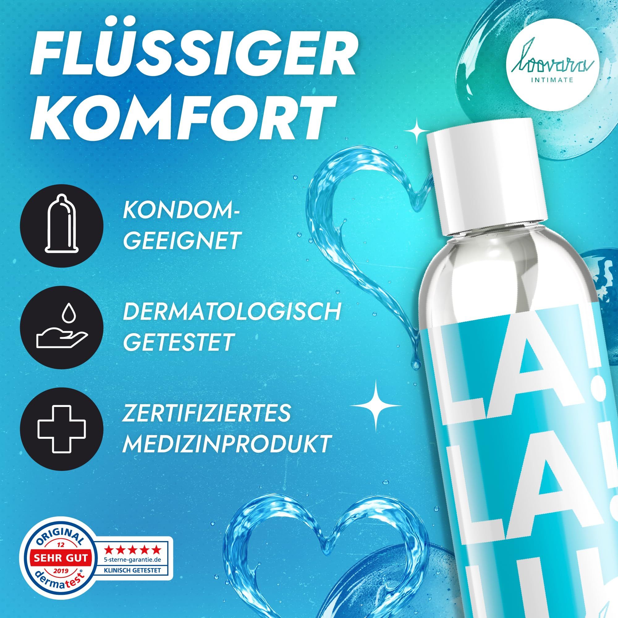 Flacone di gel lubrificante con scritta 'LA LA BE'. Prodotto medico certificato, testato dermatologicamente.