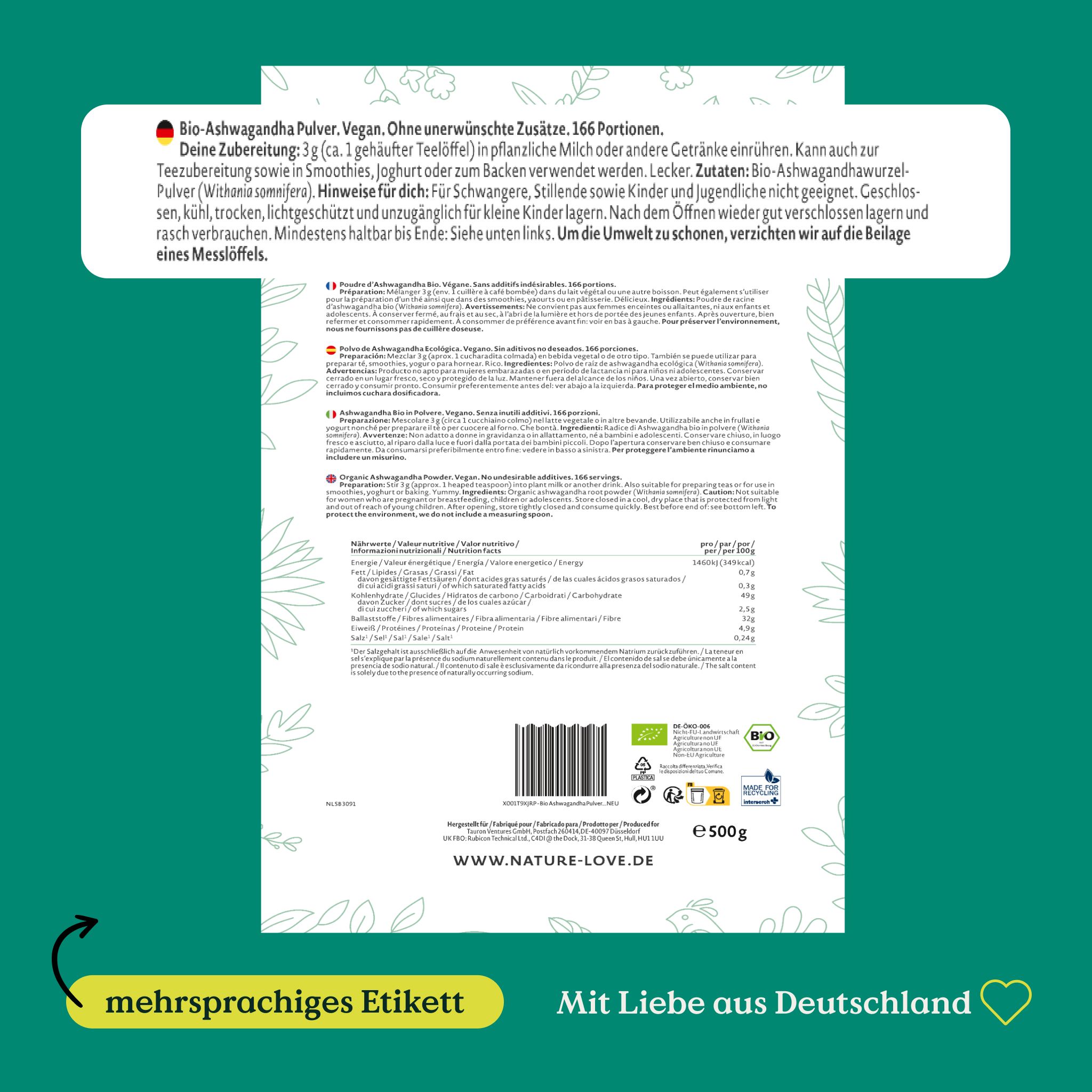 Retro della confezione di Bio-Ashwagandha Pulver. Testo multilingue. Contiene informazioni sugli ingredienti e l'uso.
