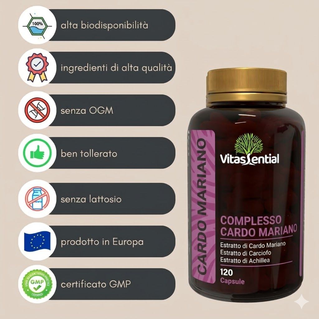 Flacone marrone con capsule. Testo: Complesso cardo mariano, 120 capsule. Loghi: alta biodisponibilità, certificato GMP, prodotto in Europa.