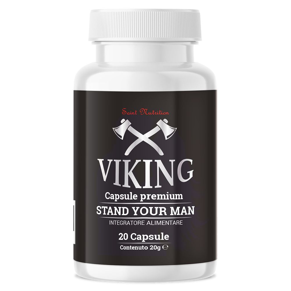 Flacone bianco con etichetta nera. Scritta: VIKING Capsule premium, 20 capsule. Marchio: Saint Nutrition.