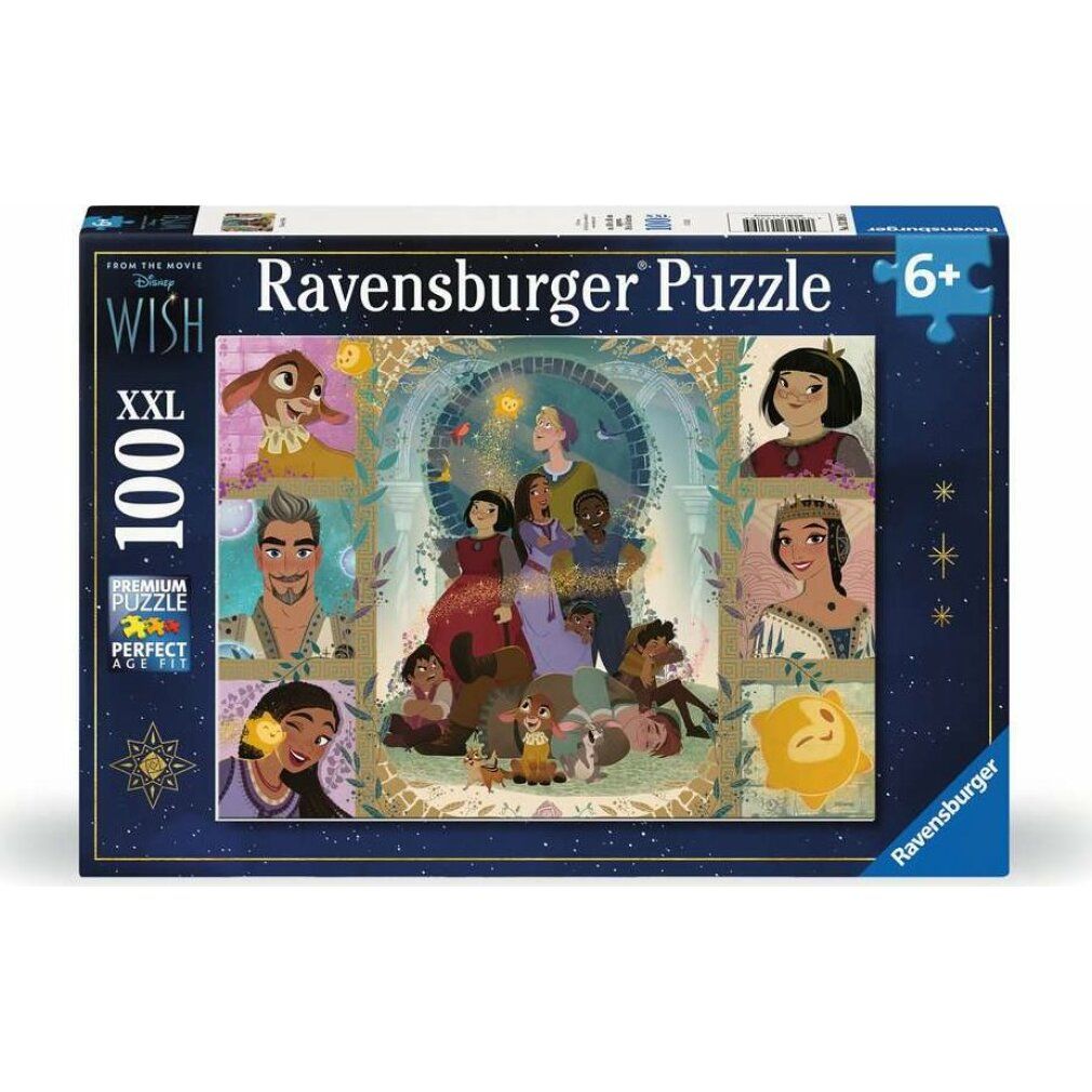 Confezione del puzzle per bambini Disney Wish (100 pezzi). Il puzzle mostra personaggi. Marchio Ravensburger ed età 6+.