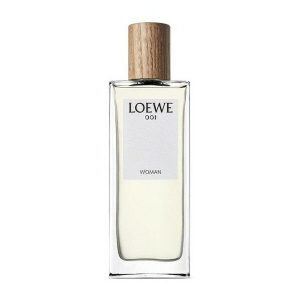 Loewe 001 Woman Edp Spray. Flacone rettangolare in vetro con tappo in legno. Scritta: LOEWE 001, WOMAN.