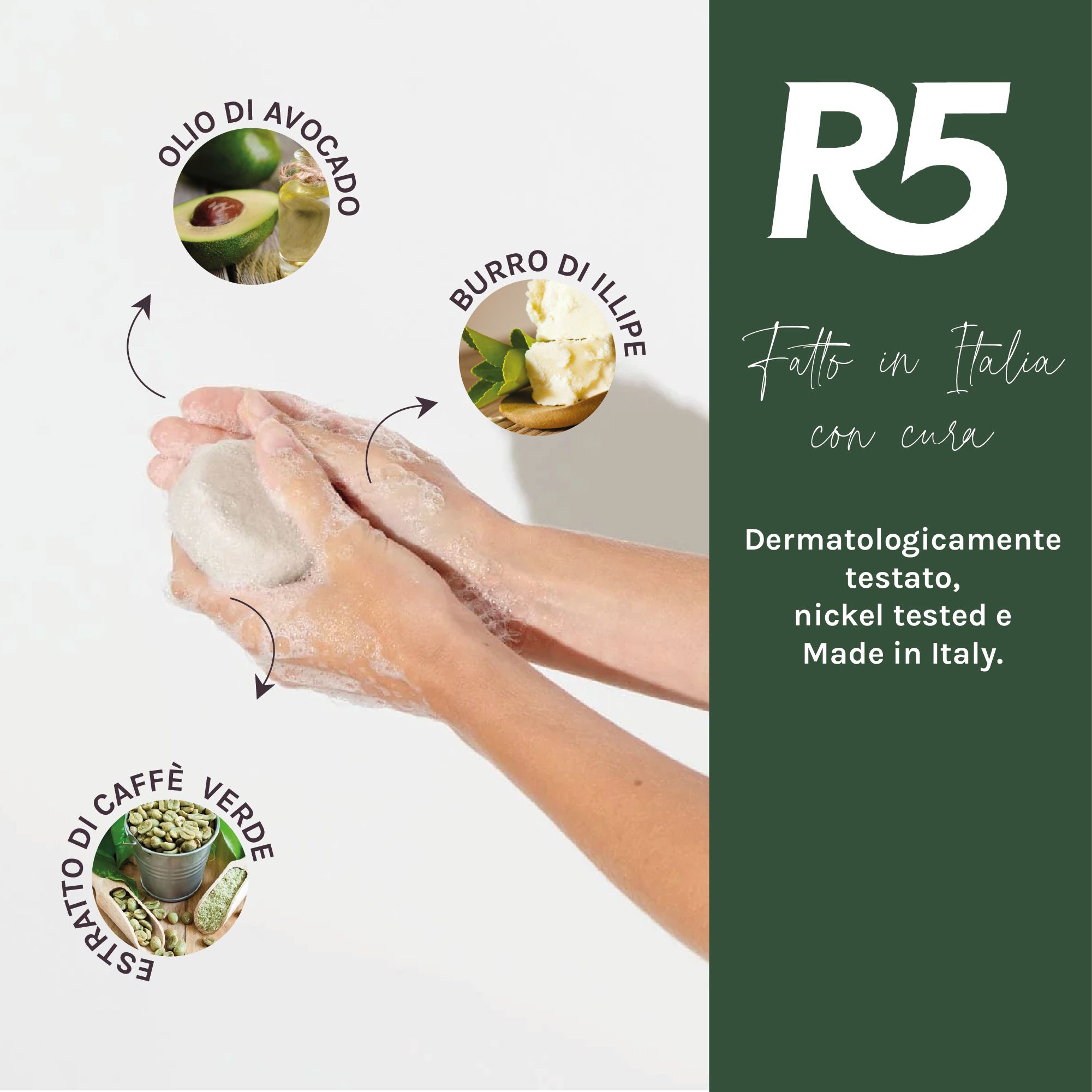 Mani insaponano un solido doccia shampoo R5 con olio di avocado, burro di illipé e caffè verde.
