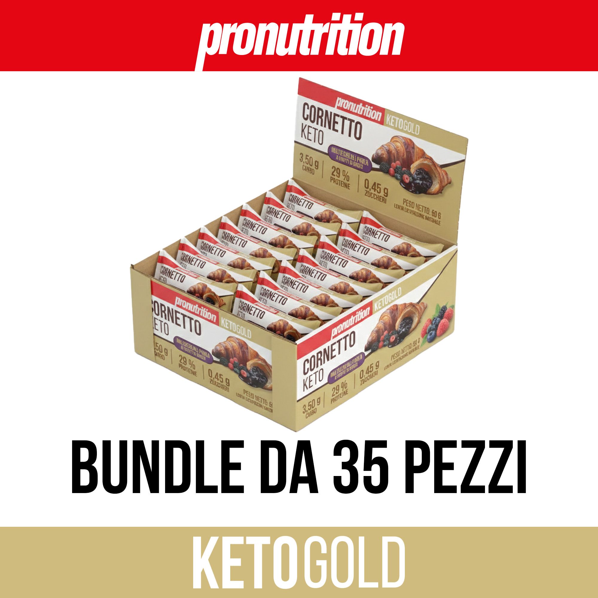 Scatola di Pronutrition Cornetto Keto. Scritto: Bundle da 35 pezzi. Keto Gold. Logo Pronutrition.