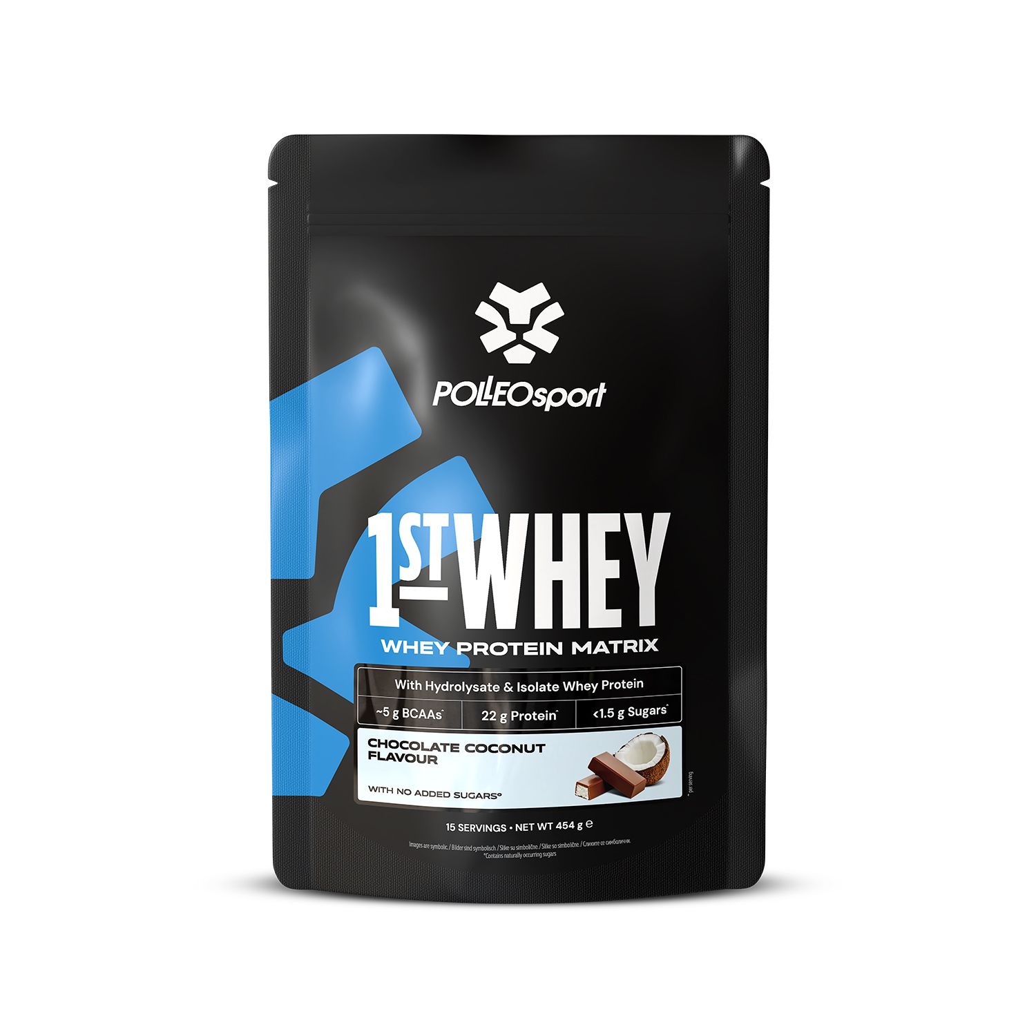 Busta nera PolleoSport 1ST:WHEY, gusto cioccolato-cocco. Contiene Whey Protein Matrix. Illustrazione cocco.