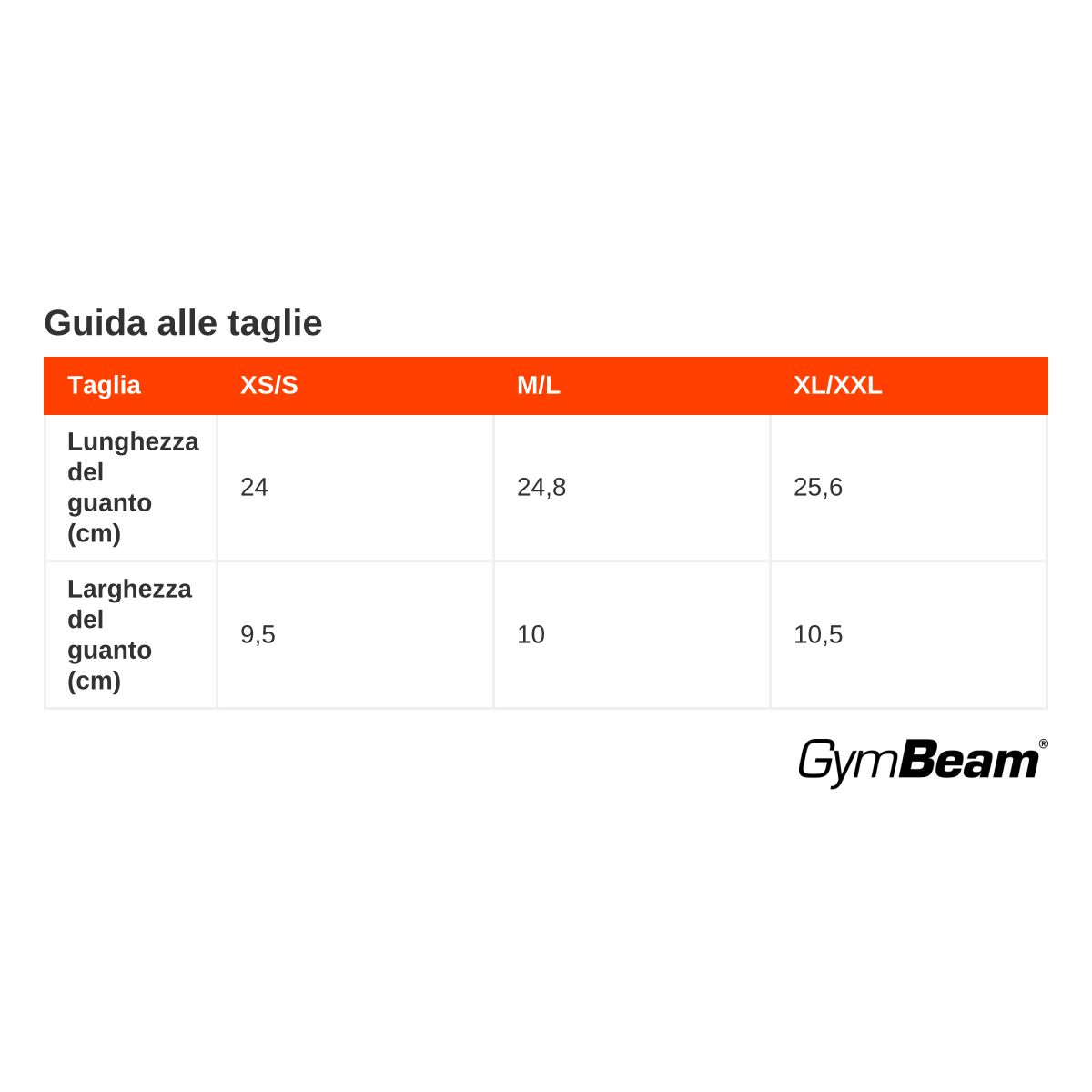 Tabella delle taglie per guanti da corsa GymBeam in italiano: Taglia, Lunghezza, Larghezza.