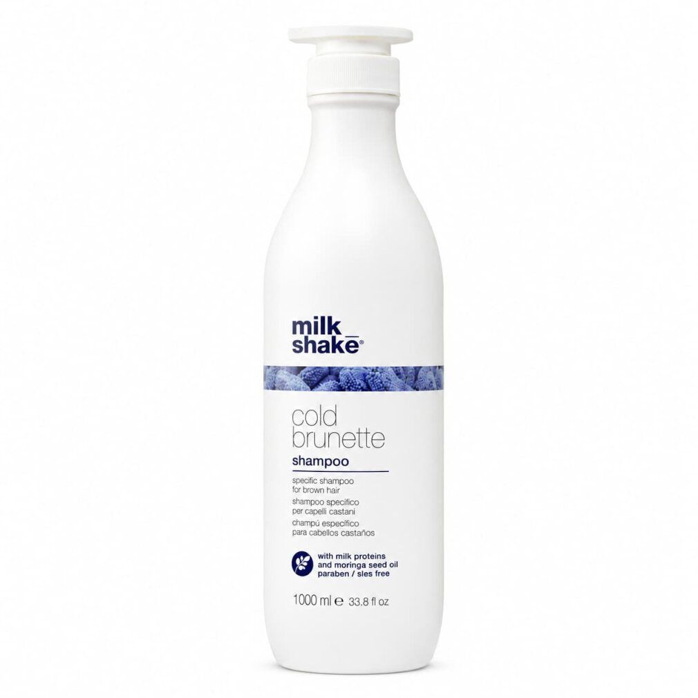 Flacone bianco con pompa di Milk Shake Cold Brunette Shampoo per capelli castani, 1000 ml.