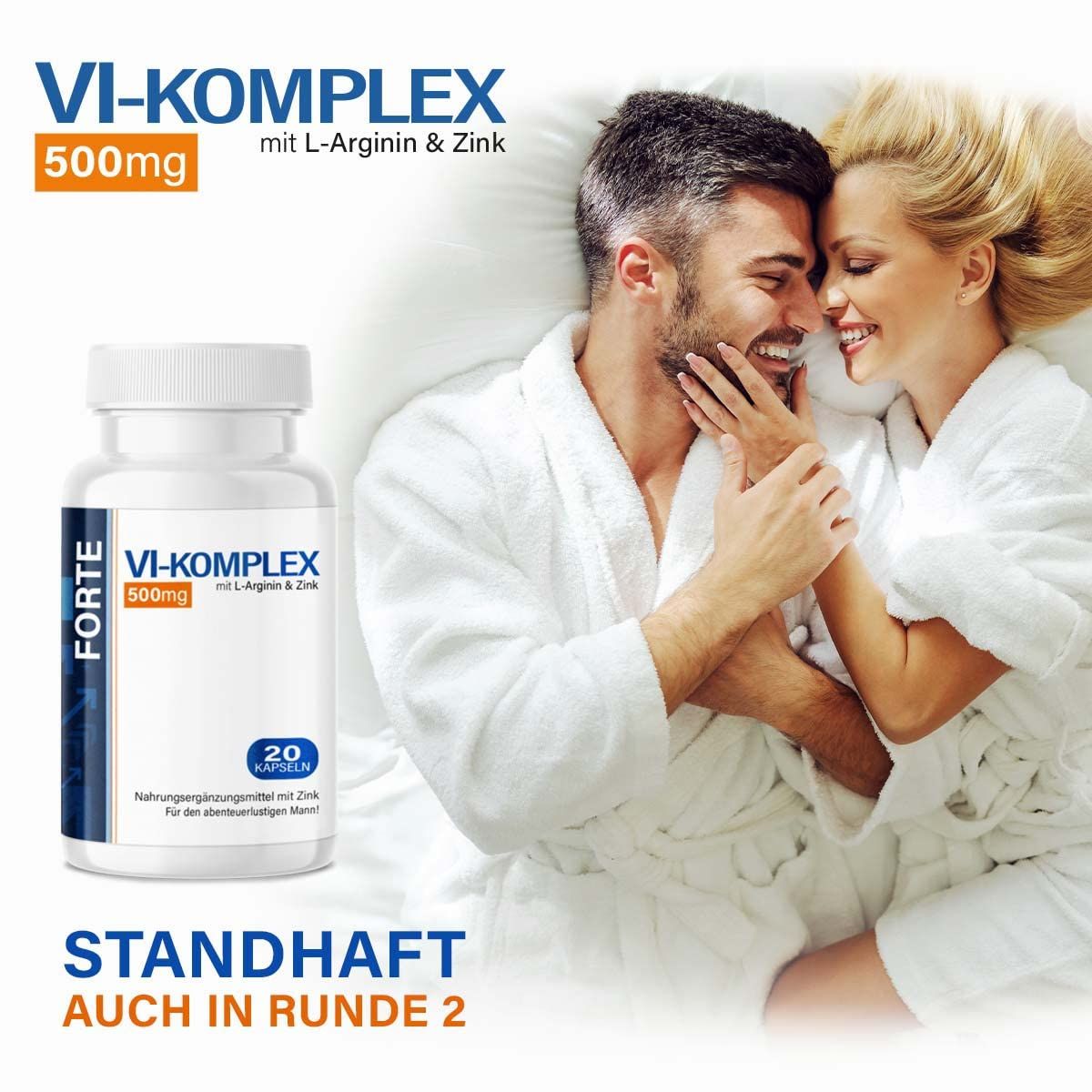 Flacone del prodotto accanto a coppia in accappatoio. Testo: VI-Komplex Forte, 500mg, 20 capsule. Testi aggiuntivi.