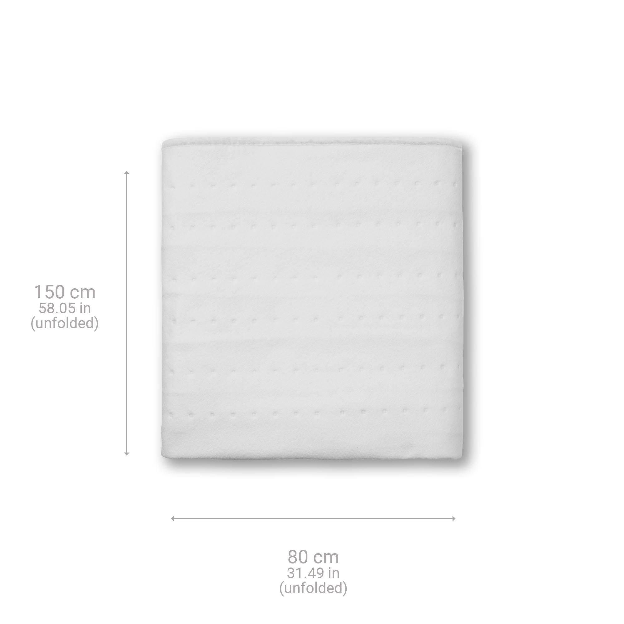 Vista dall'alto di una coperta termica bianca. Dimensioni: 150 cm x 80 cm. Superficie goffrata. Nessun altro dettaglio.