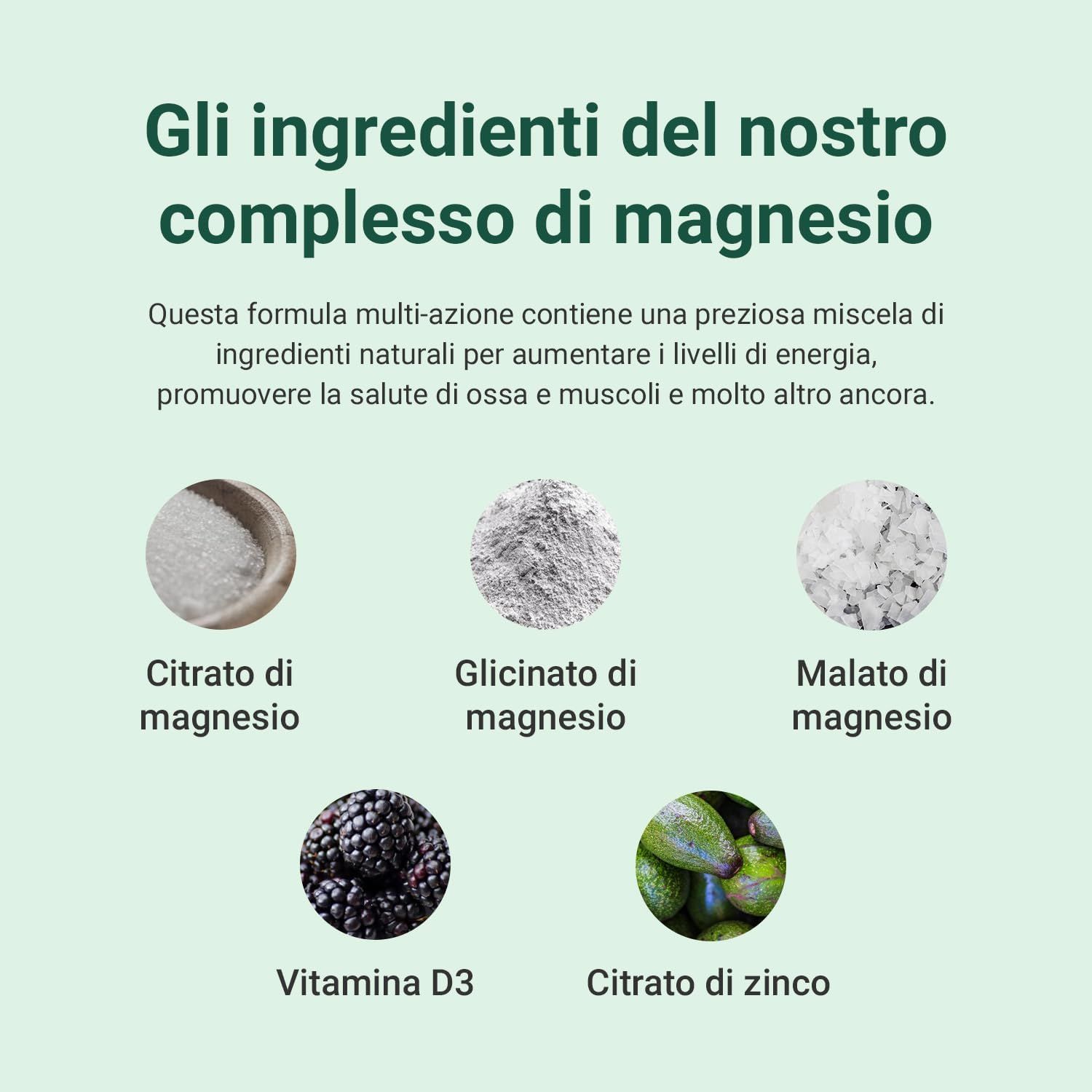 Grafico con ingredienti: Citrato di magnesio, Glicinato di magnesio, Malato di magnesio, Vitamina D3, Citrato di zinco. Testo: "Gli ingredienti del nostro complesso di magnesio".