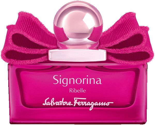 Salvatore Ferragamo Signorina Ribelle Eau de Parfum in una bottiglia rettangolare rosa con fiocco decorativo e tappo sferico.