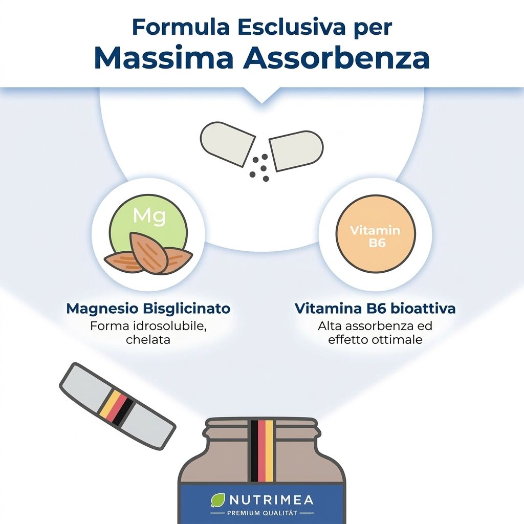 Prodotto con magnesio bisglicinato e vitamina B6. Formula per la massima biodisponibilità. Immagine di capsula e flacone.