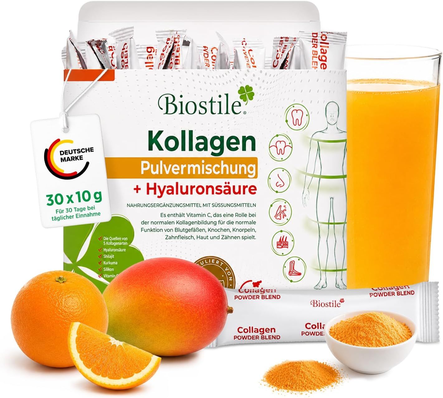 Biostile Collagen Powder Blend + acido ialuronico in bustine 30x10g, con arance e mango.