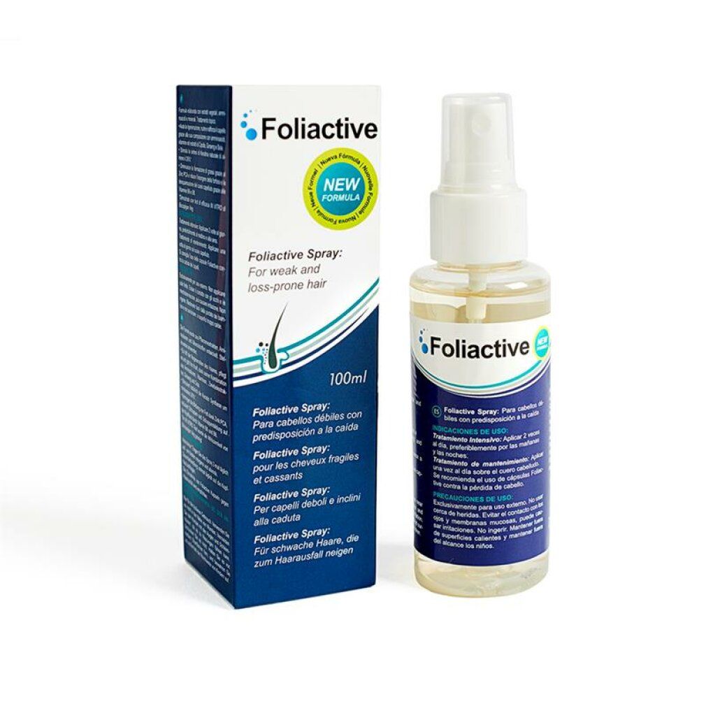 Flacone spray Foliactive e confezione. Flacone con erogatore, liquido trasparente. Confezione con informazioni sul prodotto.