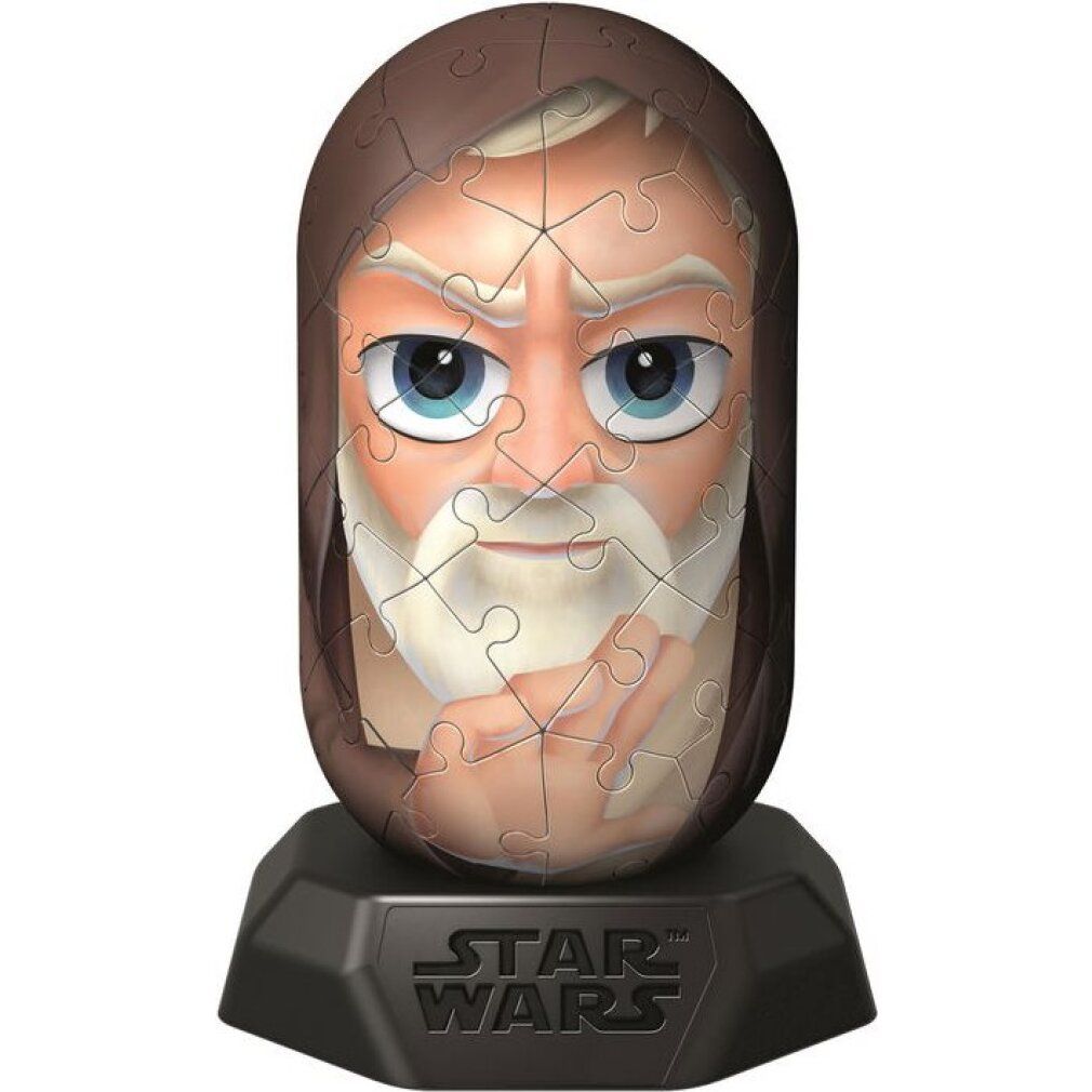 Puzzle 3D Obi-Wan Kenobi, su base nera. Volto composto da pezzi di puzzle. Logo Star Wars.