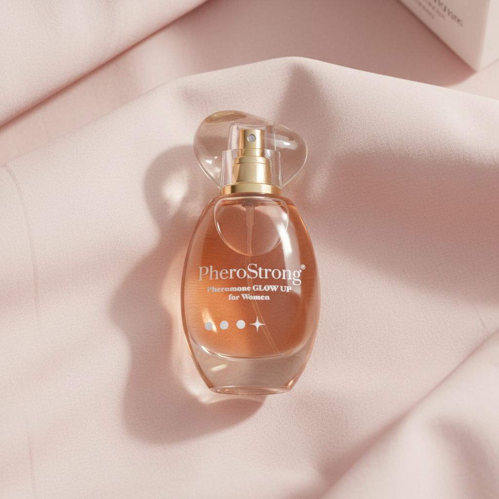 Flacone di profumo PheroStrong Pheromone GLOW UP for Women con spray, obliquo.