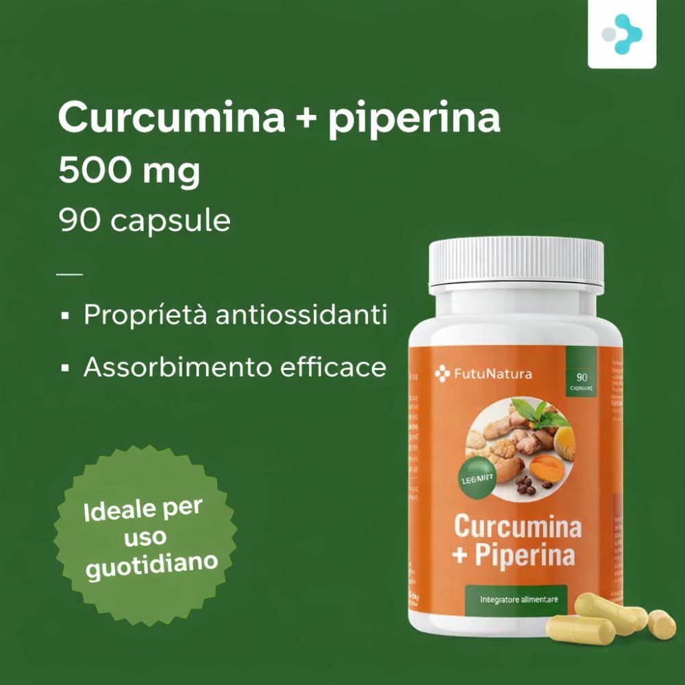 Flacone di Curcumina + Piperina, 500 mg, 90 capsule. Capsule gialle accanto.