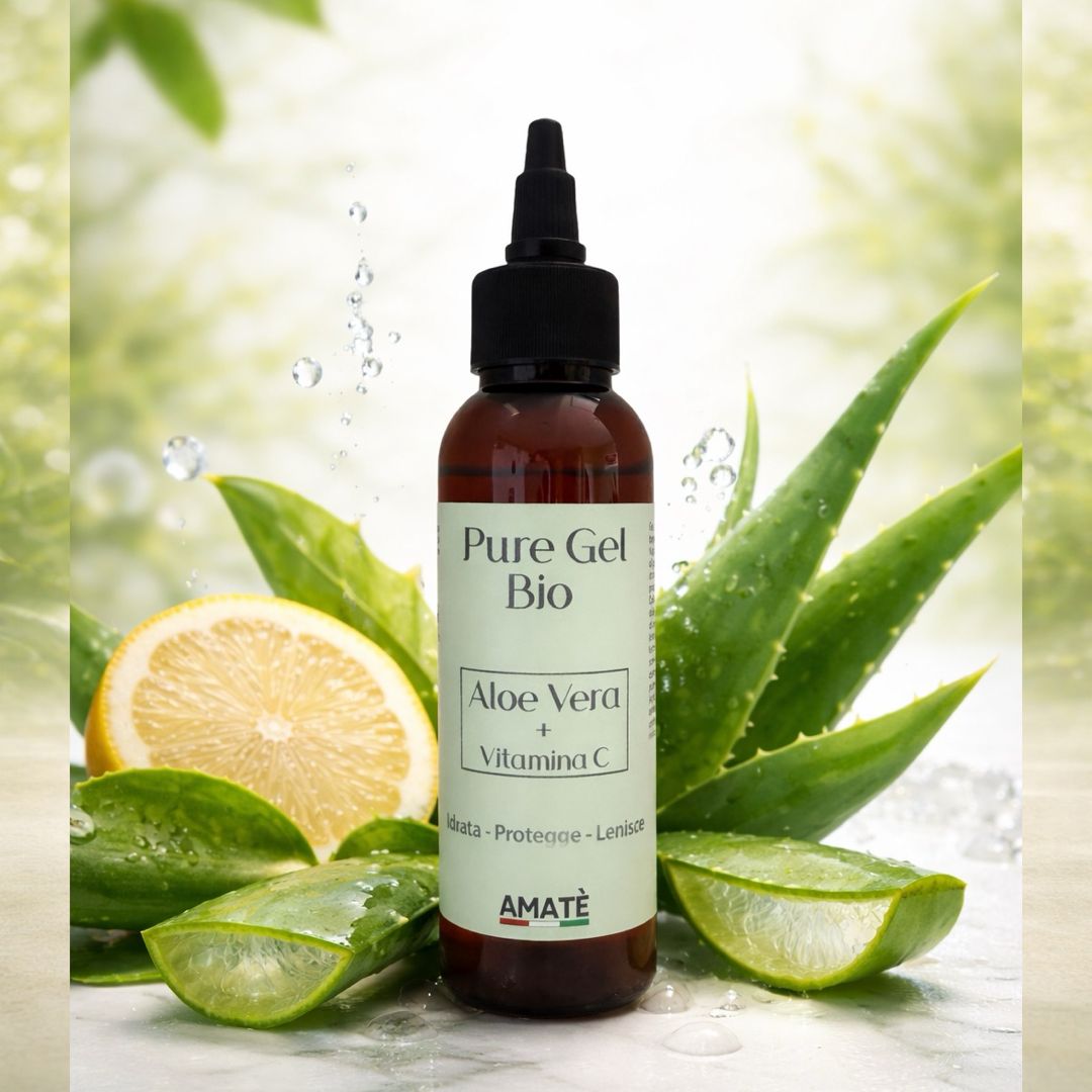 Flacone marrone con etichetta. Testo: Pure Gel Bio, Aloe Vera + Vitamina C, Amatè. Foglie di aloe vera e limone sullo sfondo.