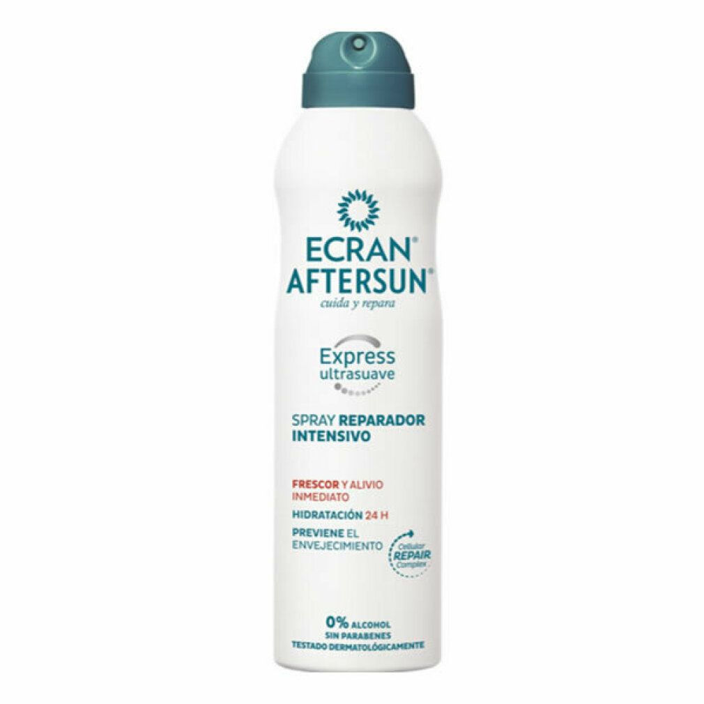 Spray bianco con tappo grigio. Scritta: ECran Aftersun, Express ultrasoft, Spray Reparador Intensivo. 0% alcool, senza parabeni.