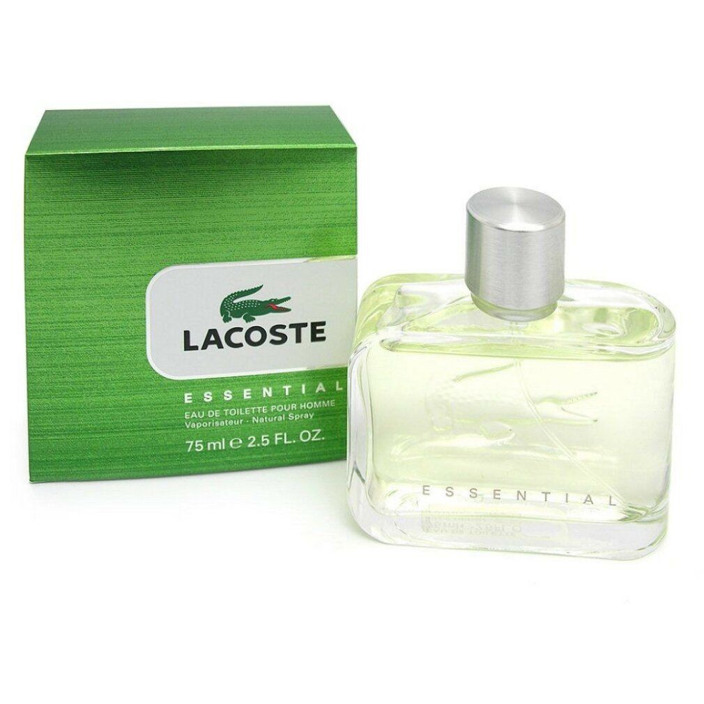 Confezione verde e flacone in vetro. Logo "LACOSTE" e "ESSENTIAL". Flacone con tappo argentato. 75 ml.