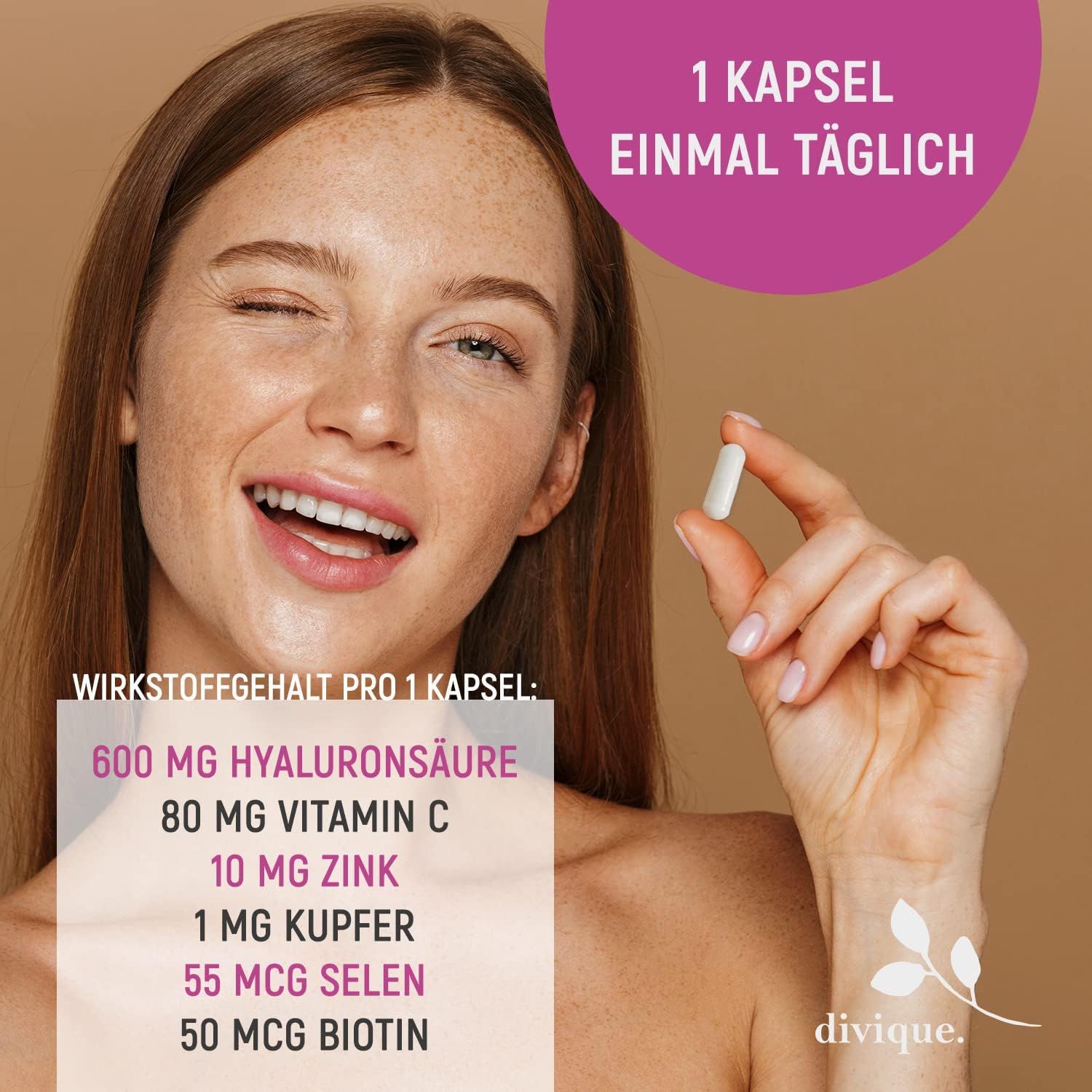 Donna con capsula. Testo: 600 mg acido ialuronico, 80 mg vitamina C, 10 mg zinco, 1 mg rame, 55 mcg selenio, 50 mcg biotina. divique.